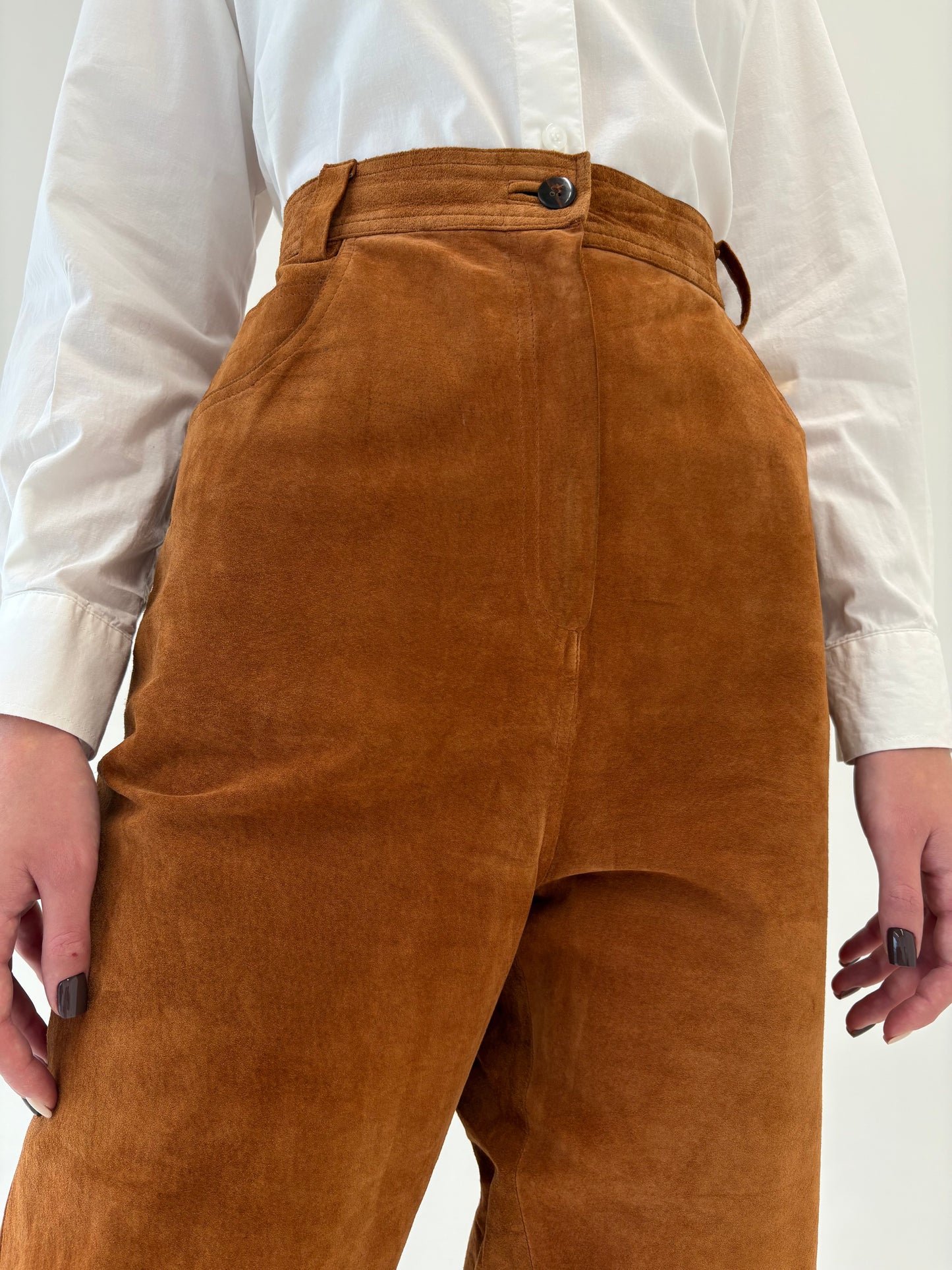 Pantaloni caramel tall din piele naturală cu talie ultra ultra înaltă