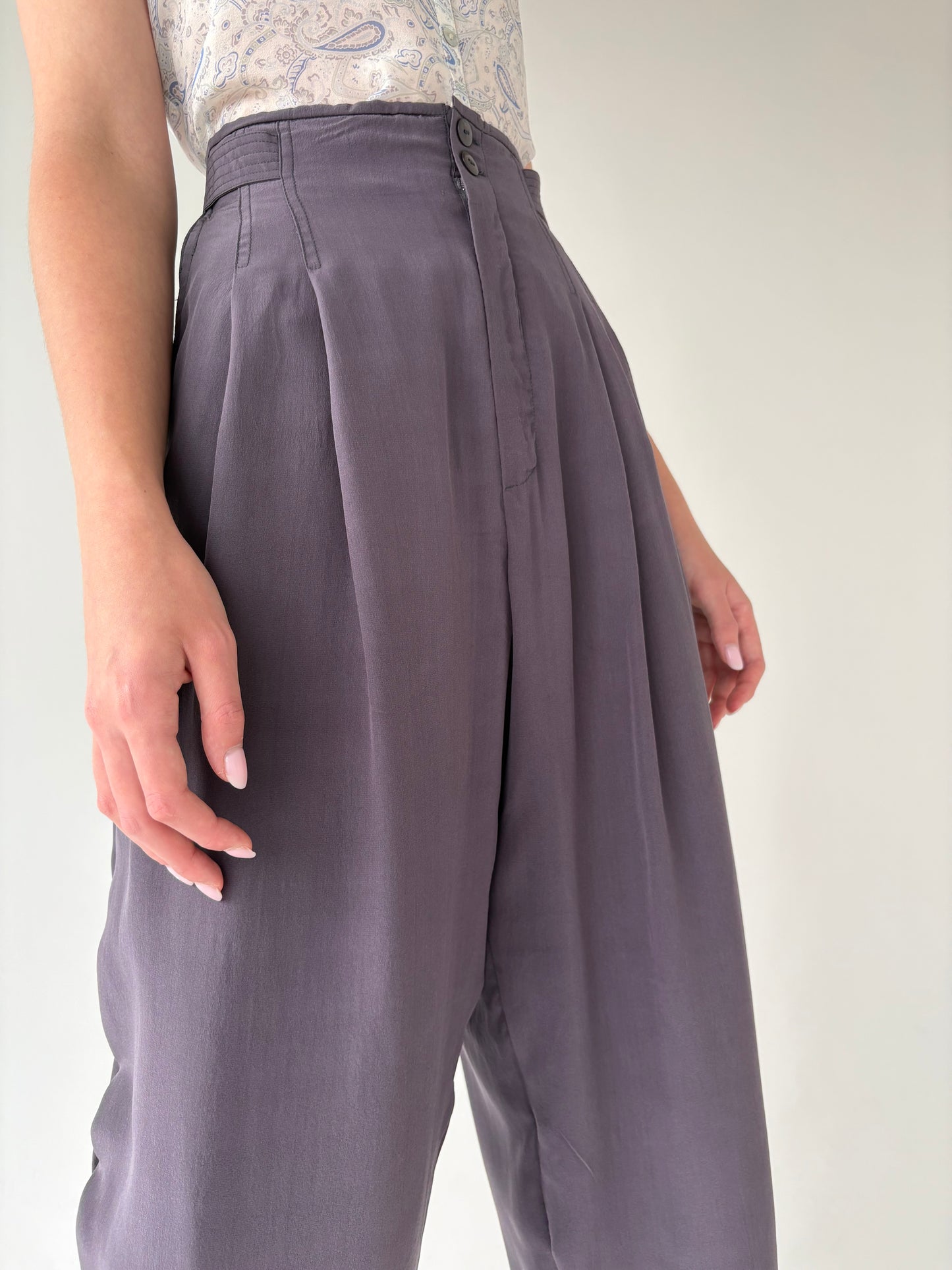 Pantaloni din mătase naturală cu talie ultra înaltă ușor reglabilă