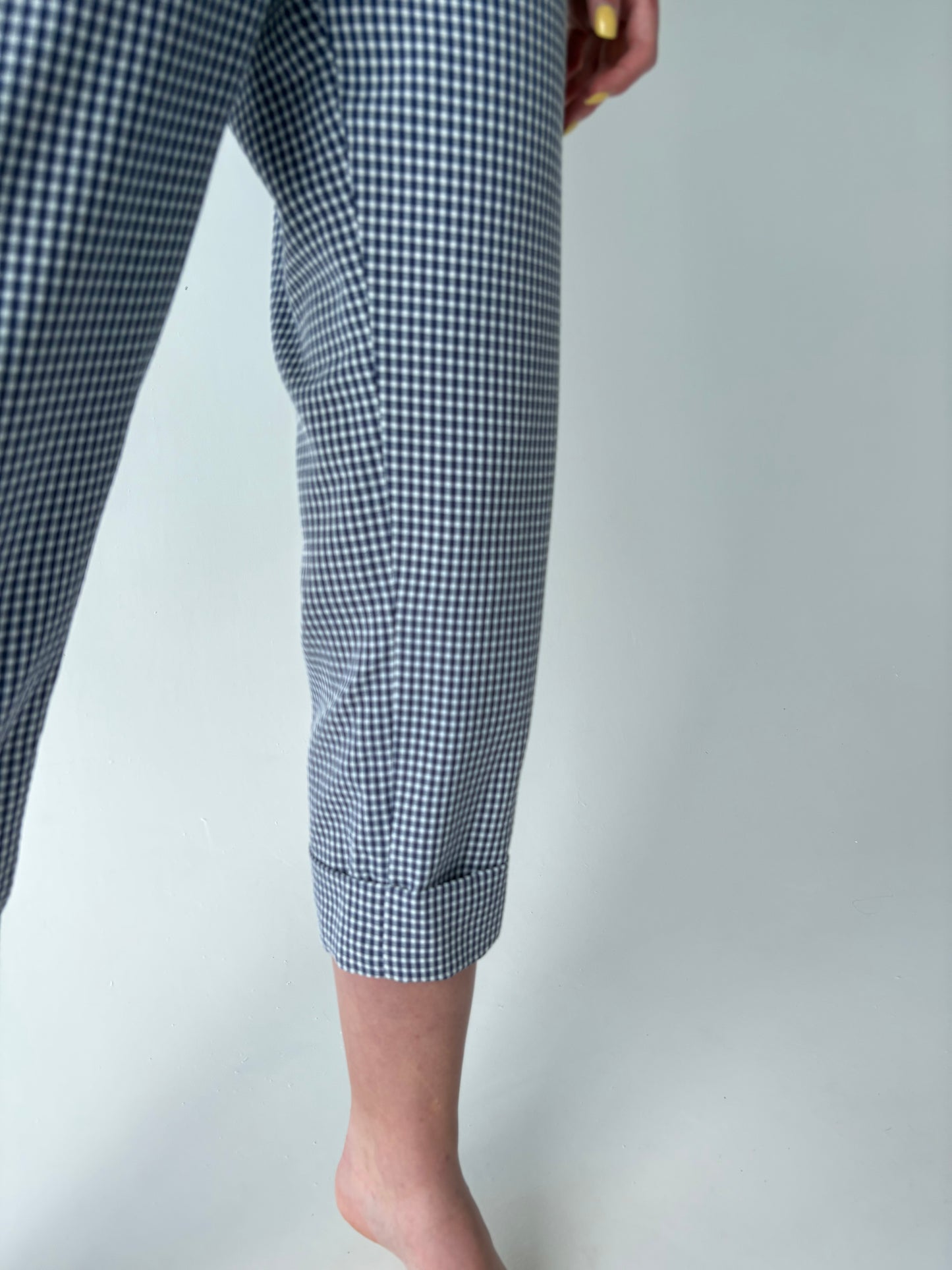 Pantaloni gingham confort din seersucker cu talie ultra înaltă elastică