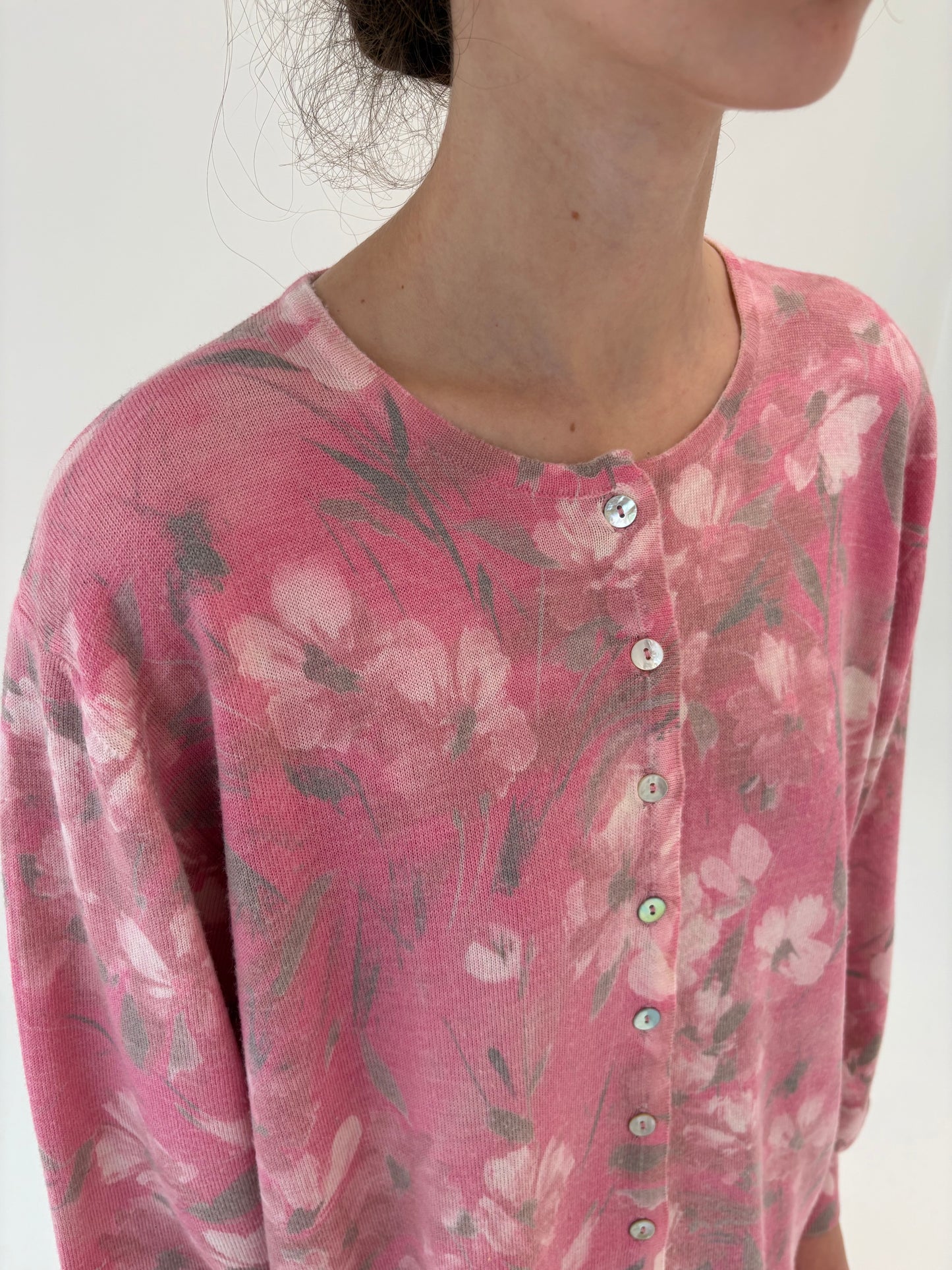 Cardigan vintage 80% lana merino extrafina in print floral superb