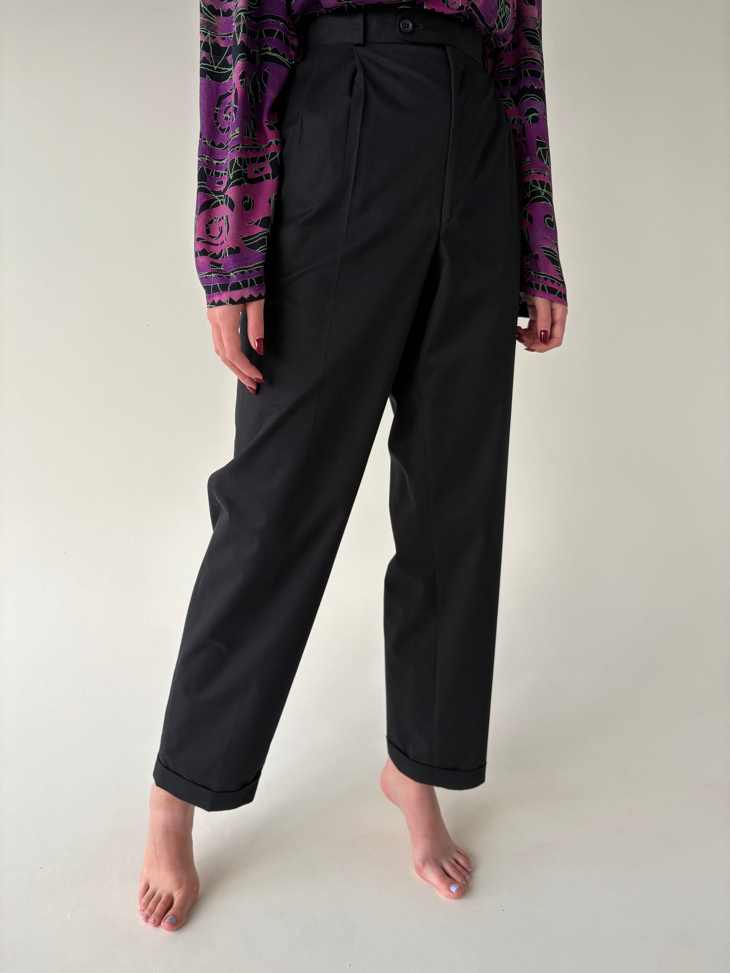 Pantaloni tall negri cu pense și talie ultra înaltă din bumbac moleskin gros