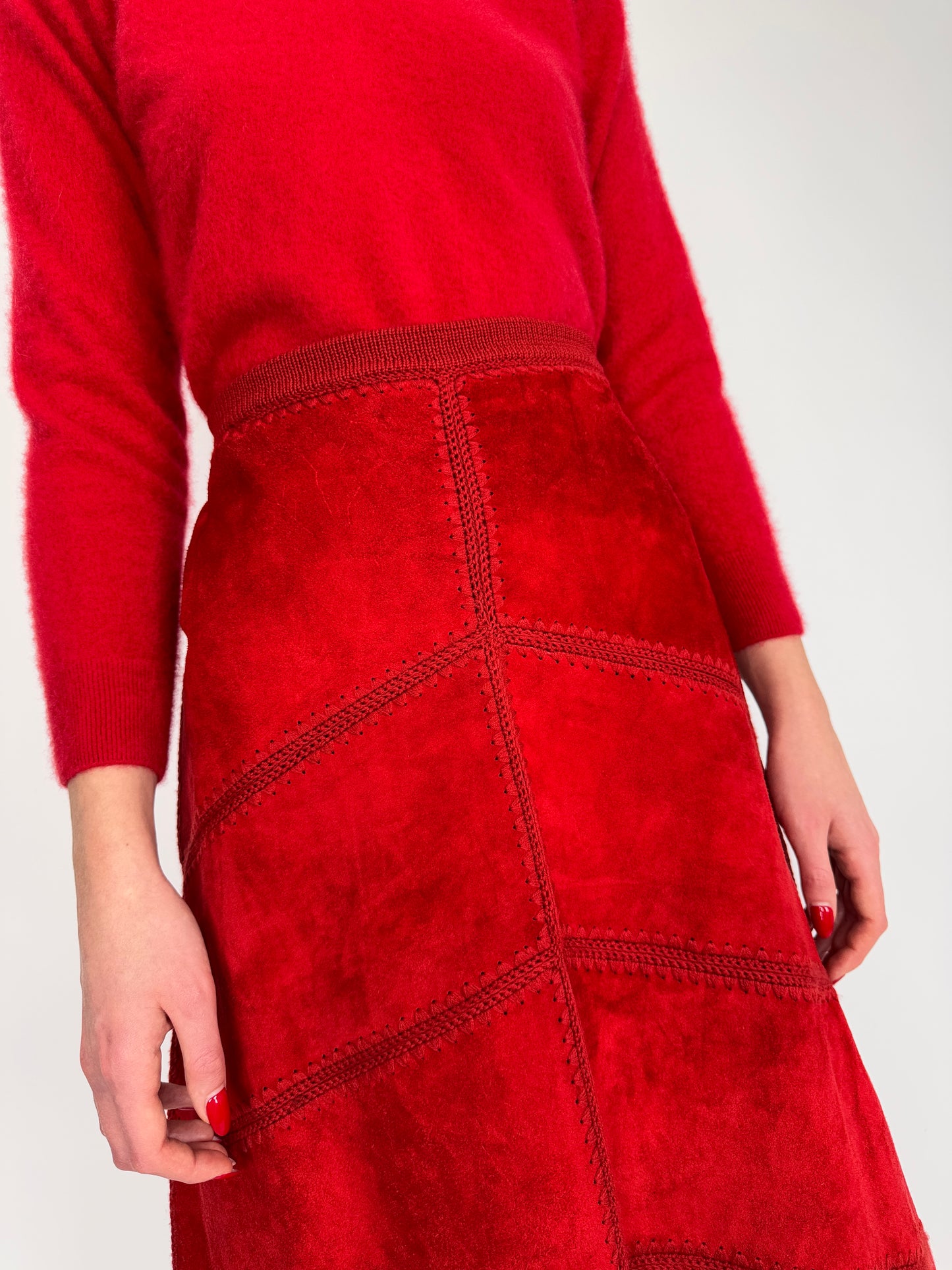 Fustă din piele naturală cherry red cu talie elastică