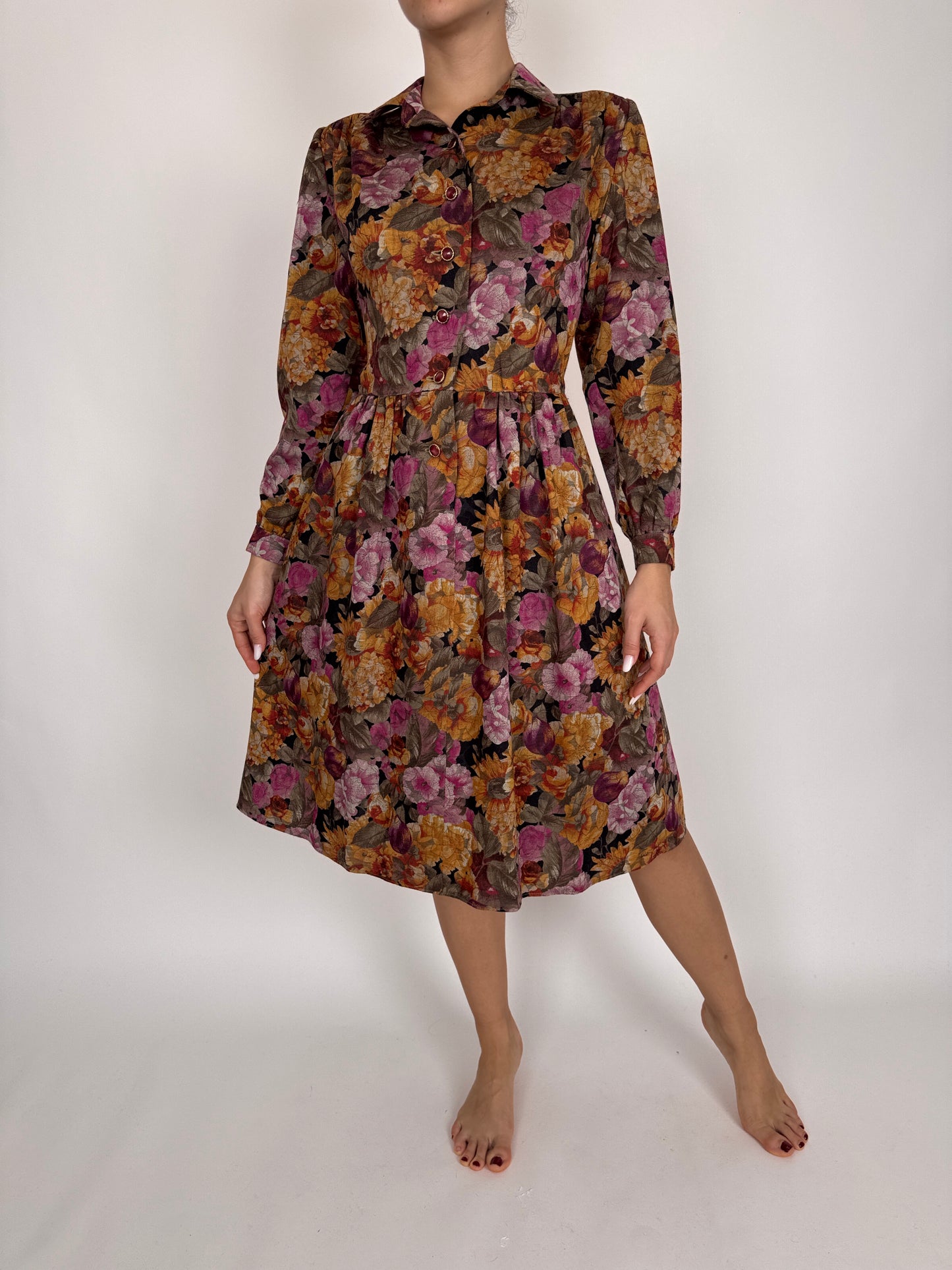 Rochie excepțională cu talie marcată din cea mai fină lana cu print floral
