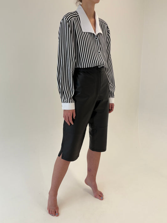 Pantaloni din piele naturală 3/4 cu talie ultra înaltă mom fit