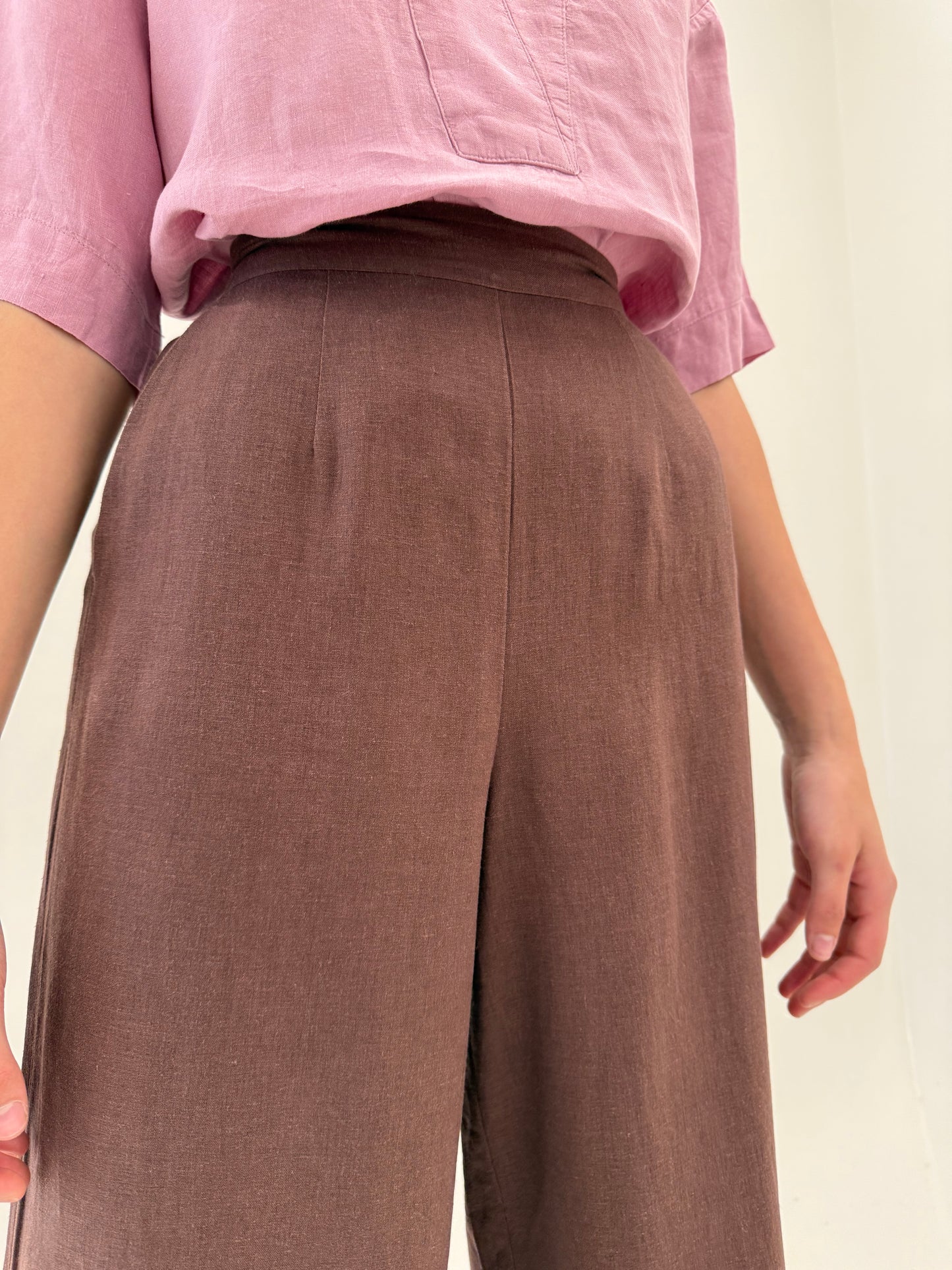 Pantaloni palazzo chocolate brown cu talie ultra înaltă elastică marcată