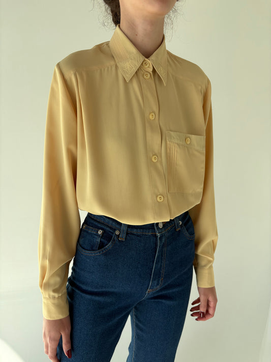 Cămașa vinatge butter yellow din poplin texturat și guler brodat