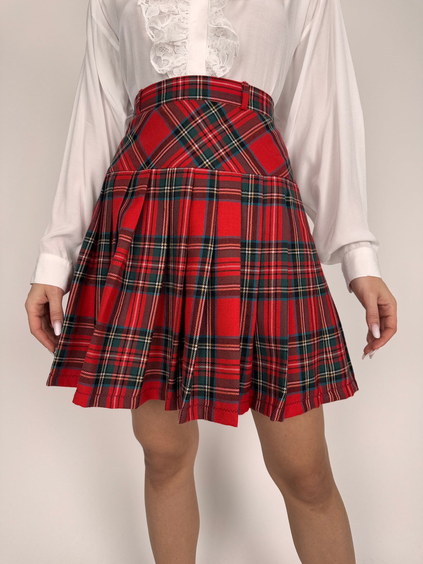 Fustă plisată cu talie ultra înaltă din Tartan de lana extrafina