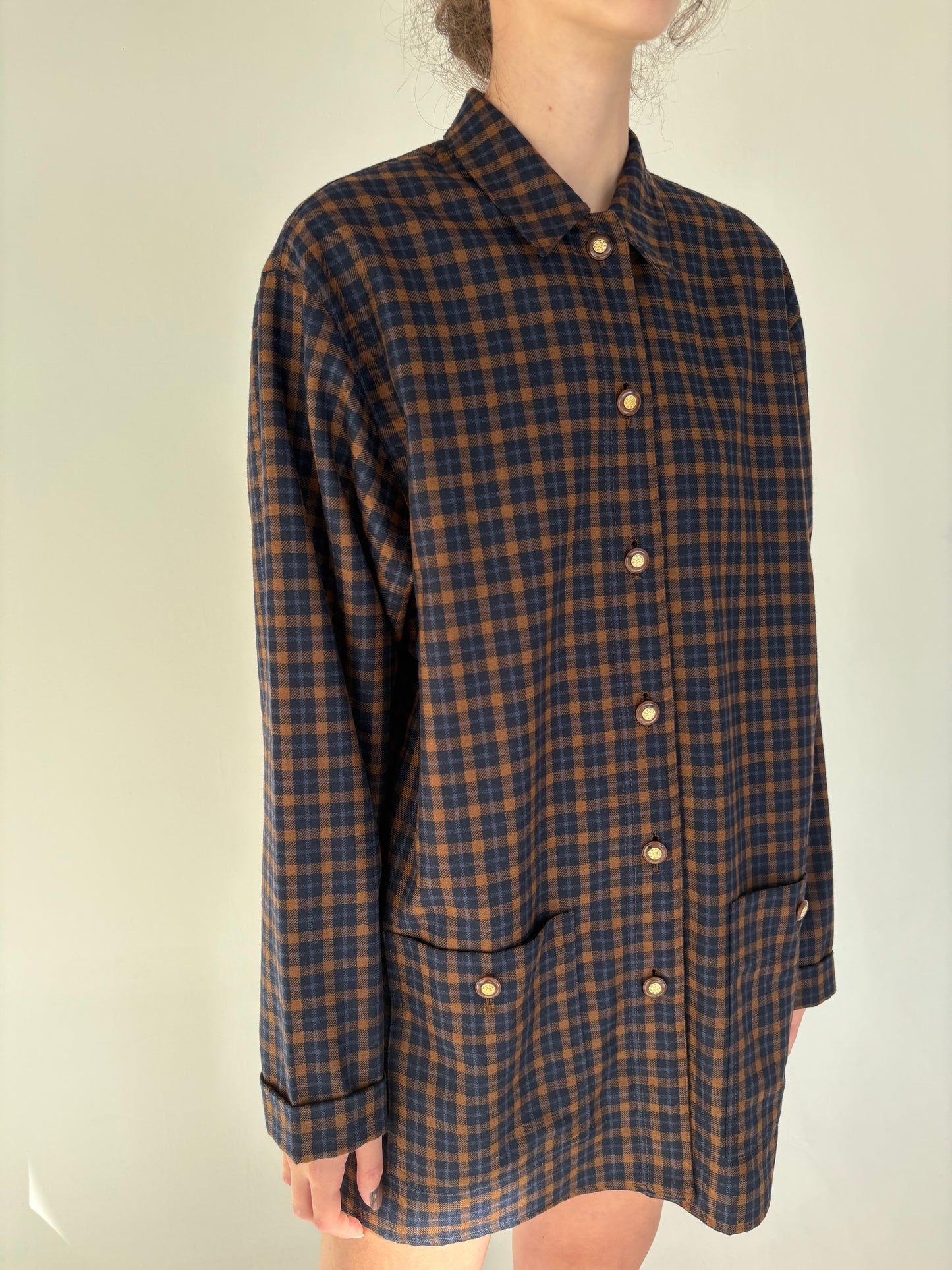 Overshirt / camasa în carouri camel din stofă excepțională de lana