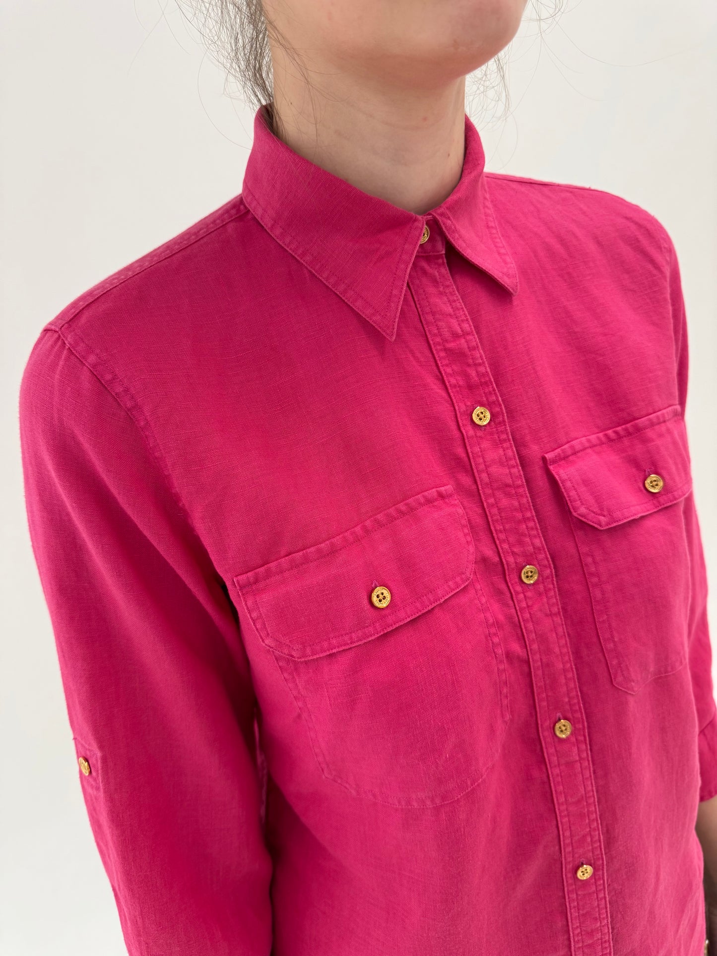 Cămașa fucsia Ralph Lauren din in cu mânecă 3/4