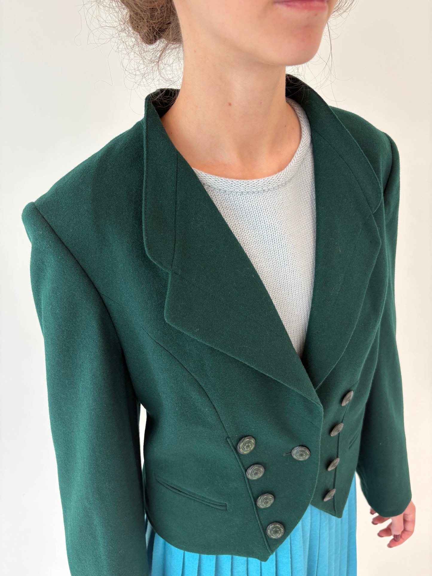 Sacou vintage cambrat forest green din lana pura virgină certificată