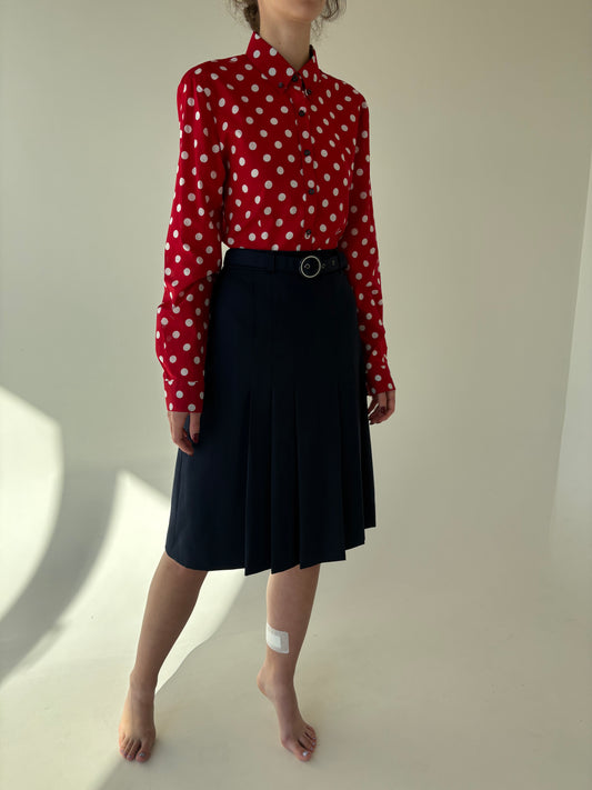 Fustă plisată Navy blue cu centura inclusă din stofă de lana extrafina