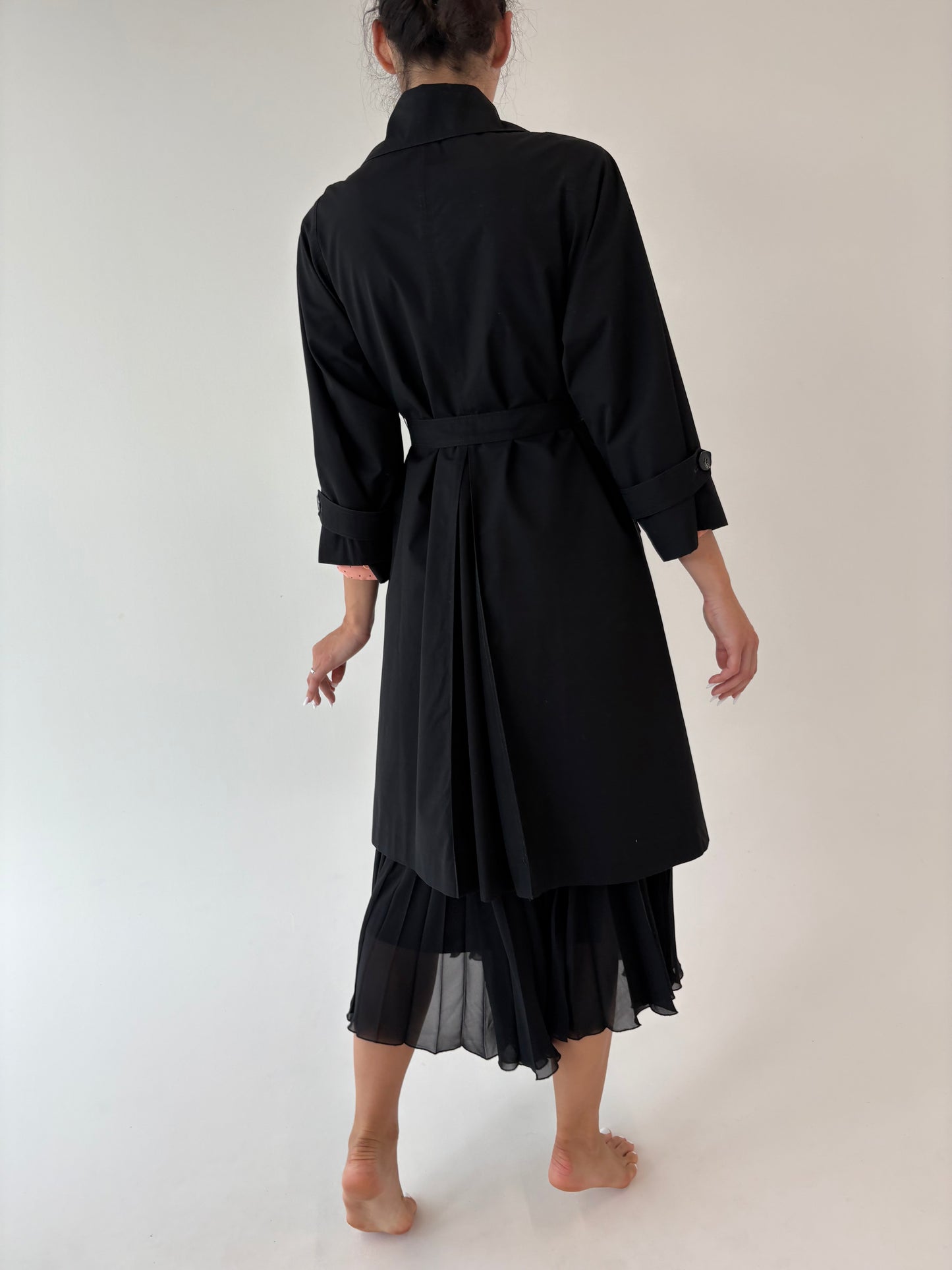 Trench vintage negru petite impermeabil cu talie marcată