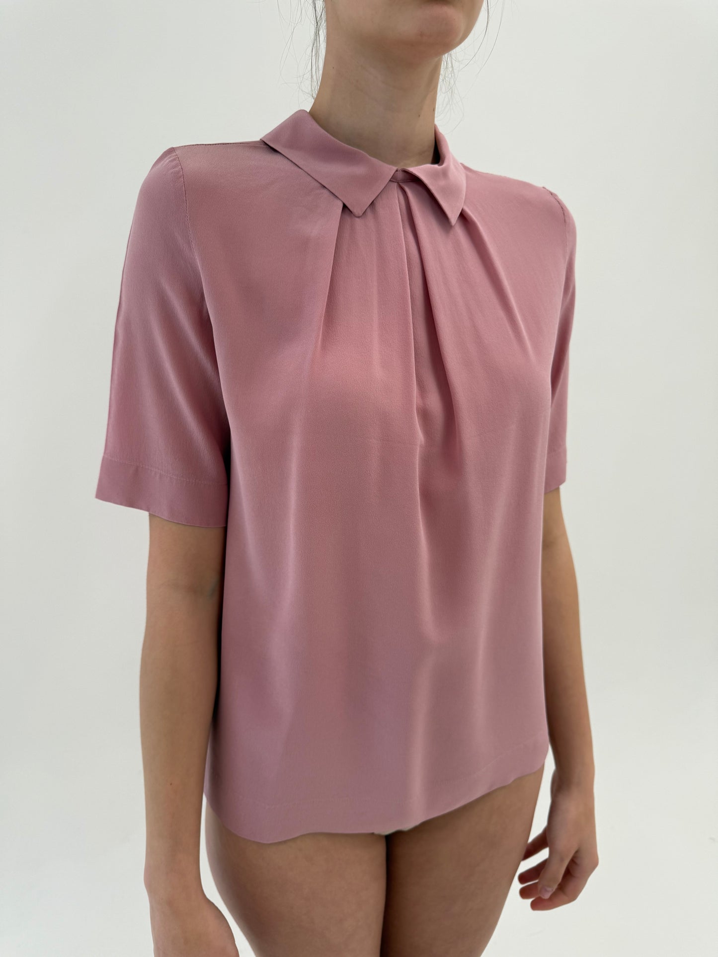 Cămașa powder pink cu pliuri chic din mătase naturală mată