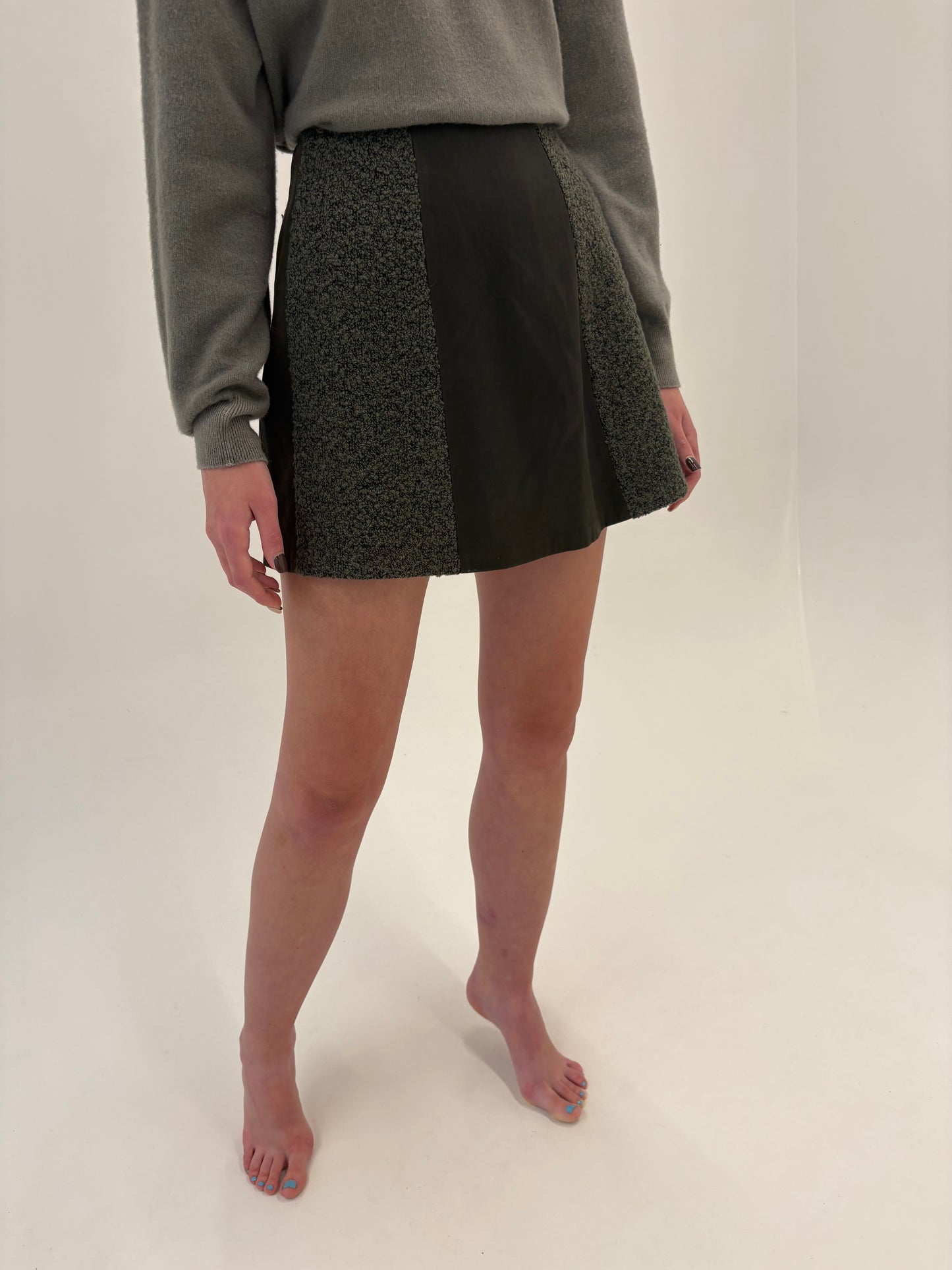 Fustă forest green din piele naturală și boucle de lana cu talie ultra înaltă