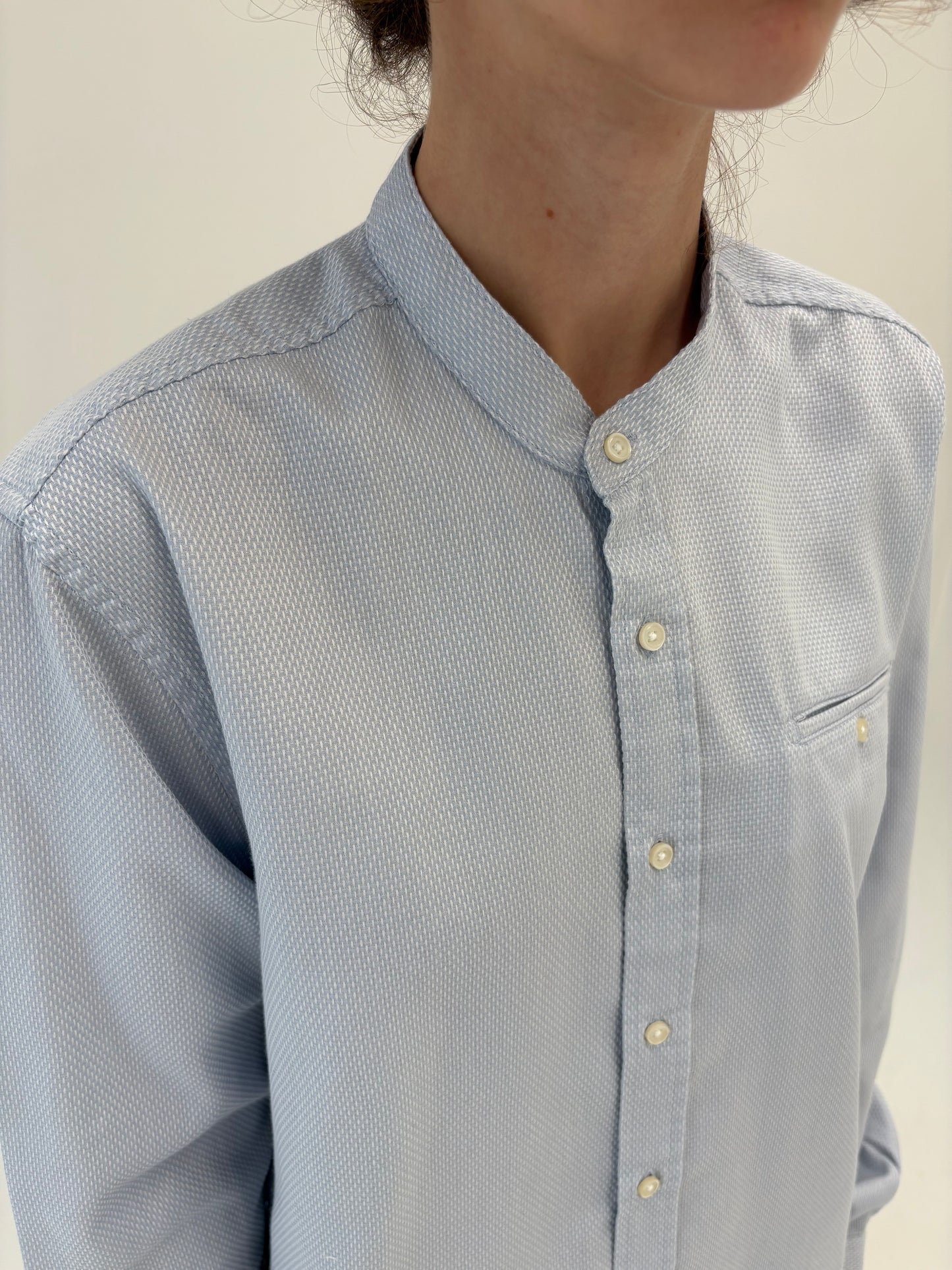 Cămașa baby blue din poplin gros excepțional cu guler rusesc