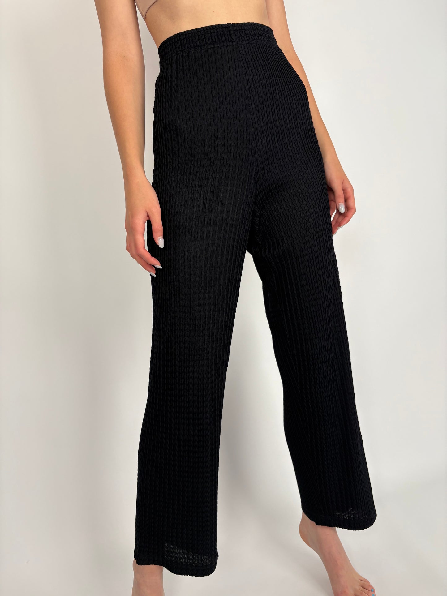 Pantaloni din jerse de vară texturat cu talie ultra înaltă