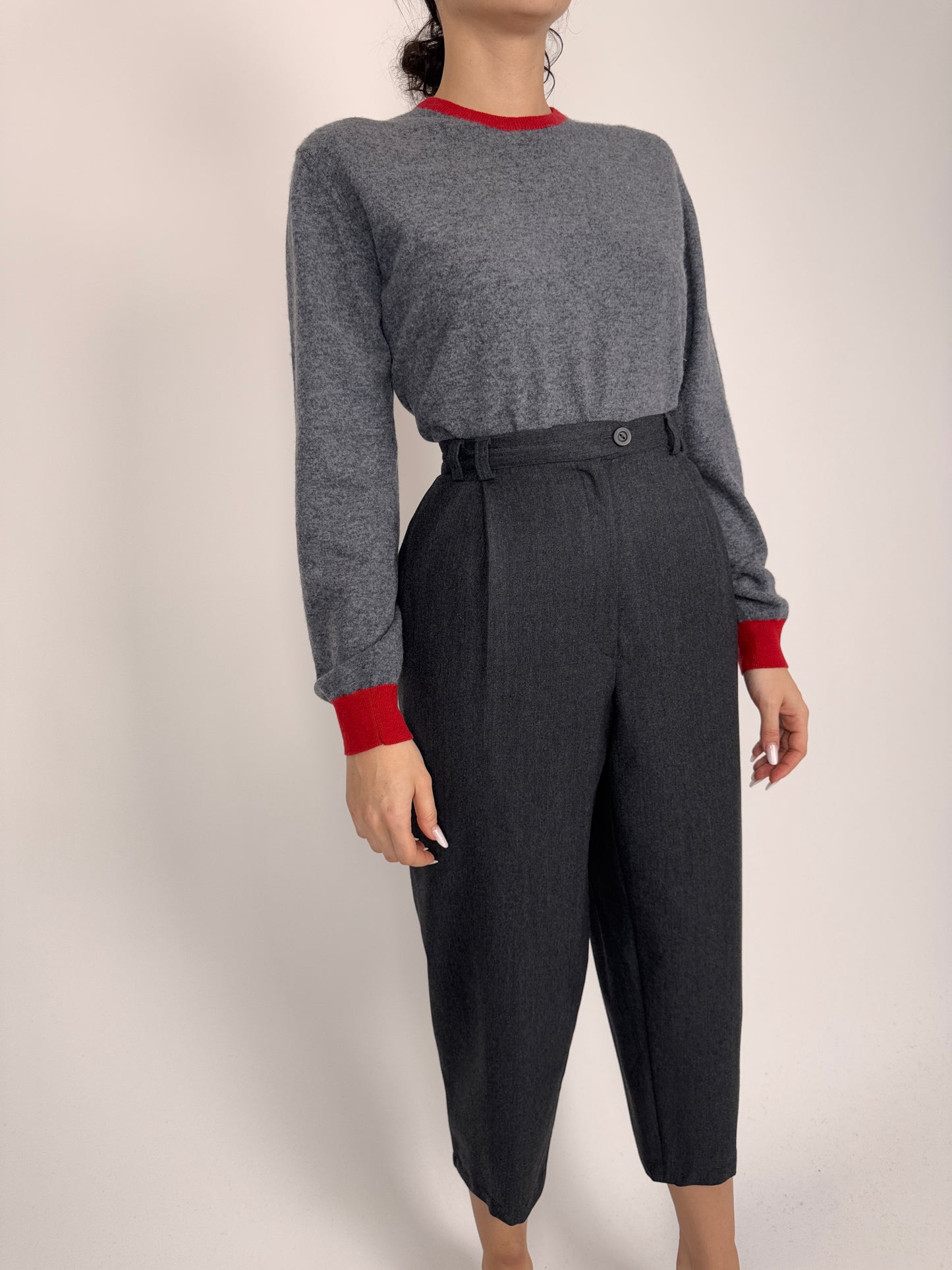Pantaloni petite cu talie înaltă elastică charcoal gray din lana extrafina