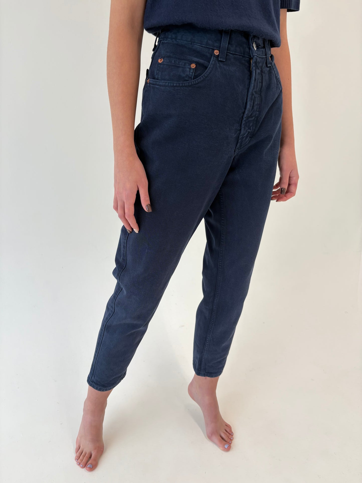 Jeans vintage premium indigo wash cu talie ultra înaltă mom fit