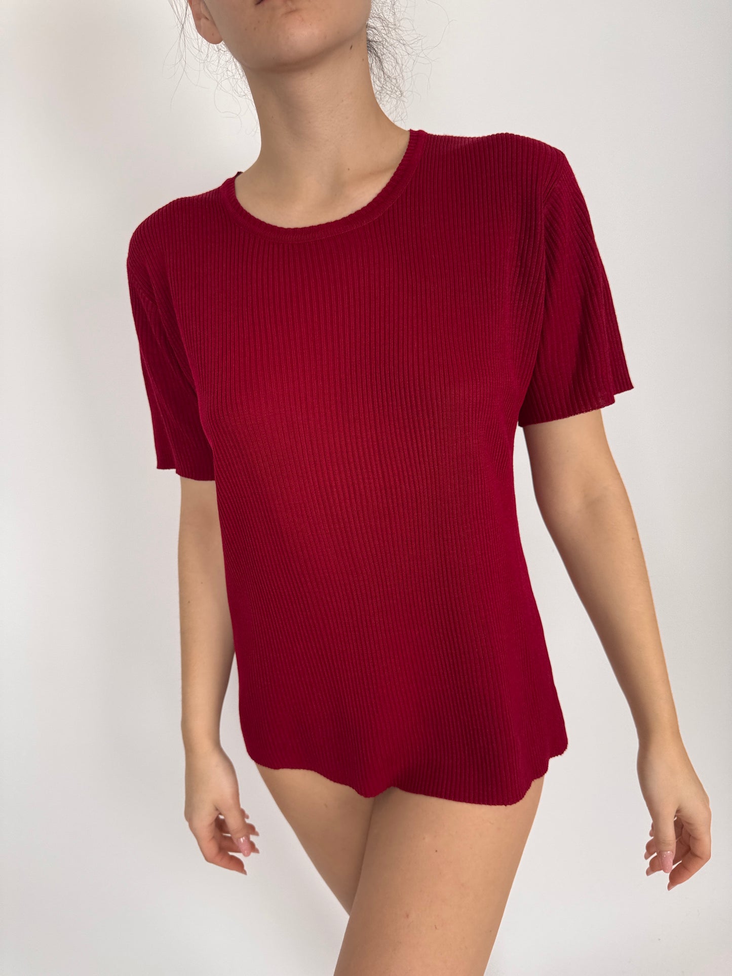 Top dark cherry red ribbed din lana extrafina și bumbac