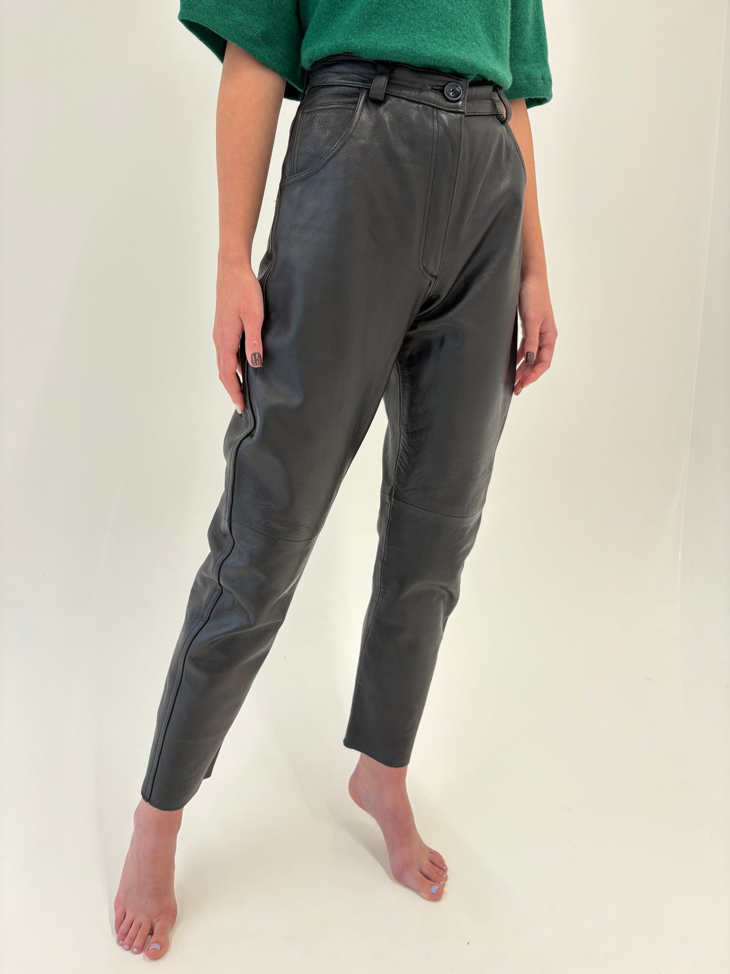 Pantaloni mom fit din piele naturală extrem de moale cu talie ultra înaltă