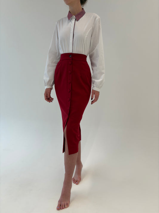 Fustă dark cherry red din stofita midi spre maxi cu talie ultra înaltă marcată