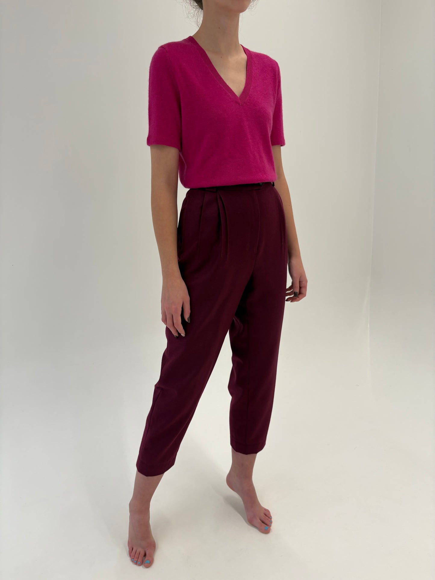 Pantaloni burgundy țigaretă din lana pura extrafina certificată