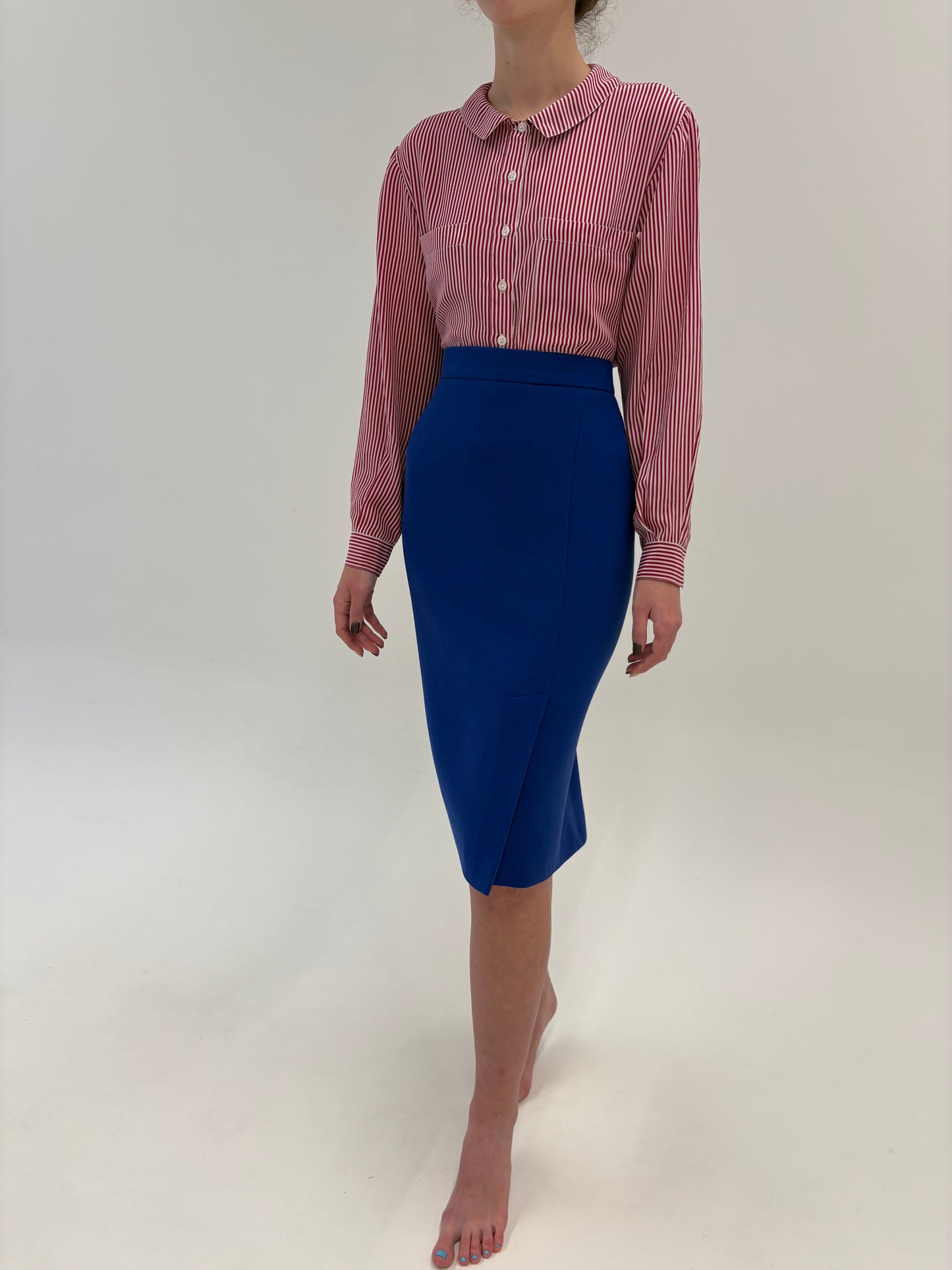 Fustă de brand luxury Louis Feraud albastru regal din tweed extrafin de lana