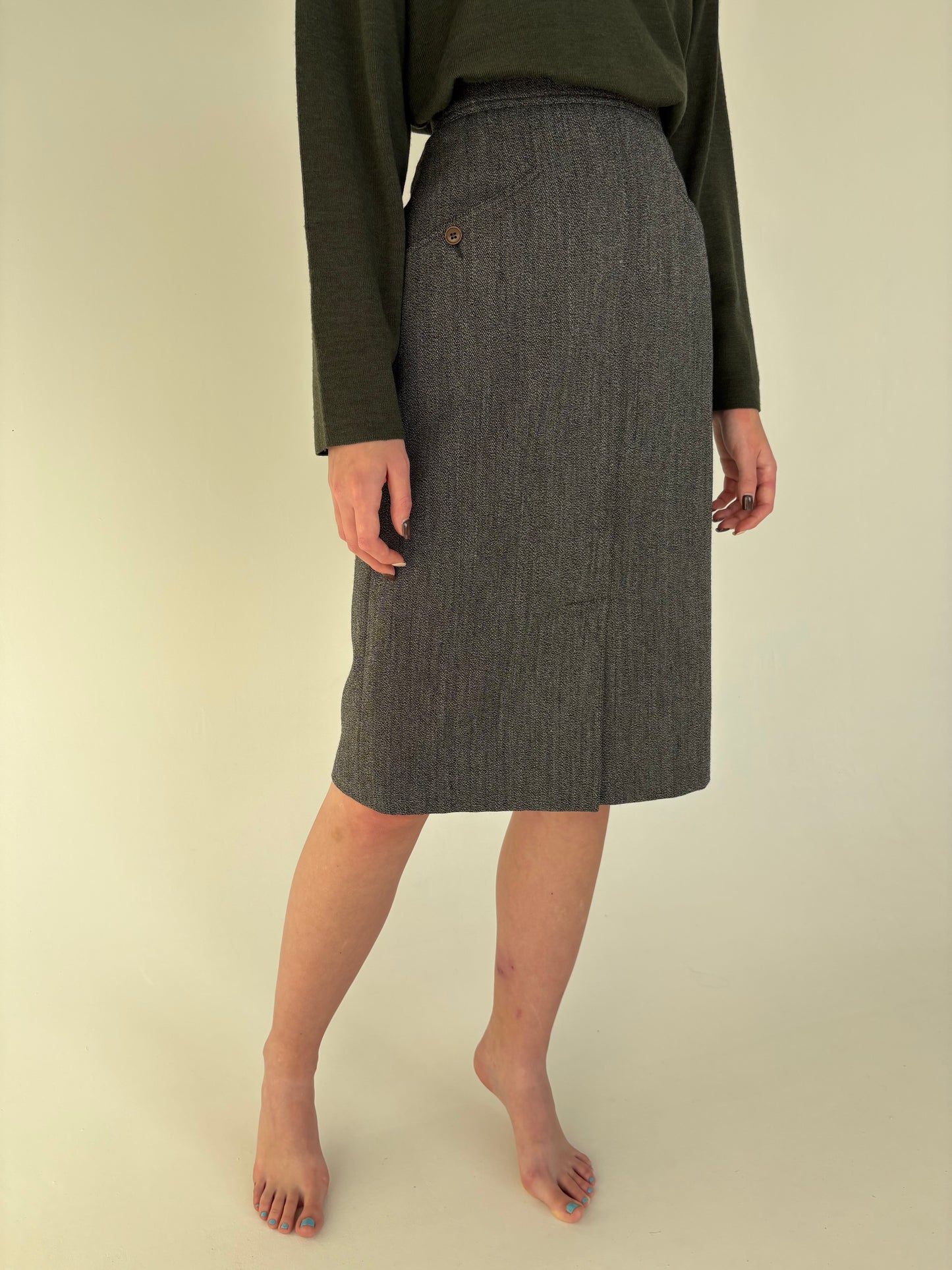 Fustă cu buzunare oblice și talie ultra înaltă din stofă de lână cardată