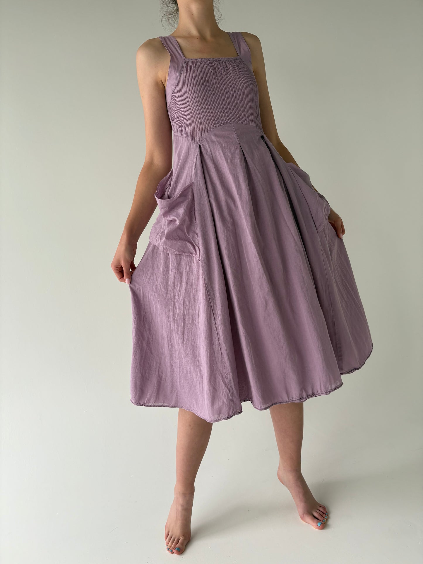 Rochie lavandă cu bust elastic din panzica de bumbac