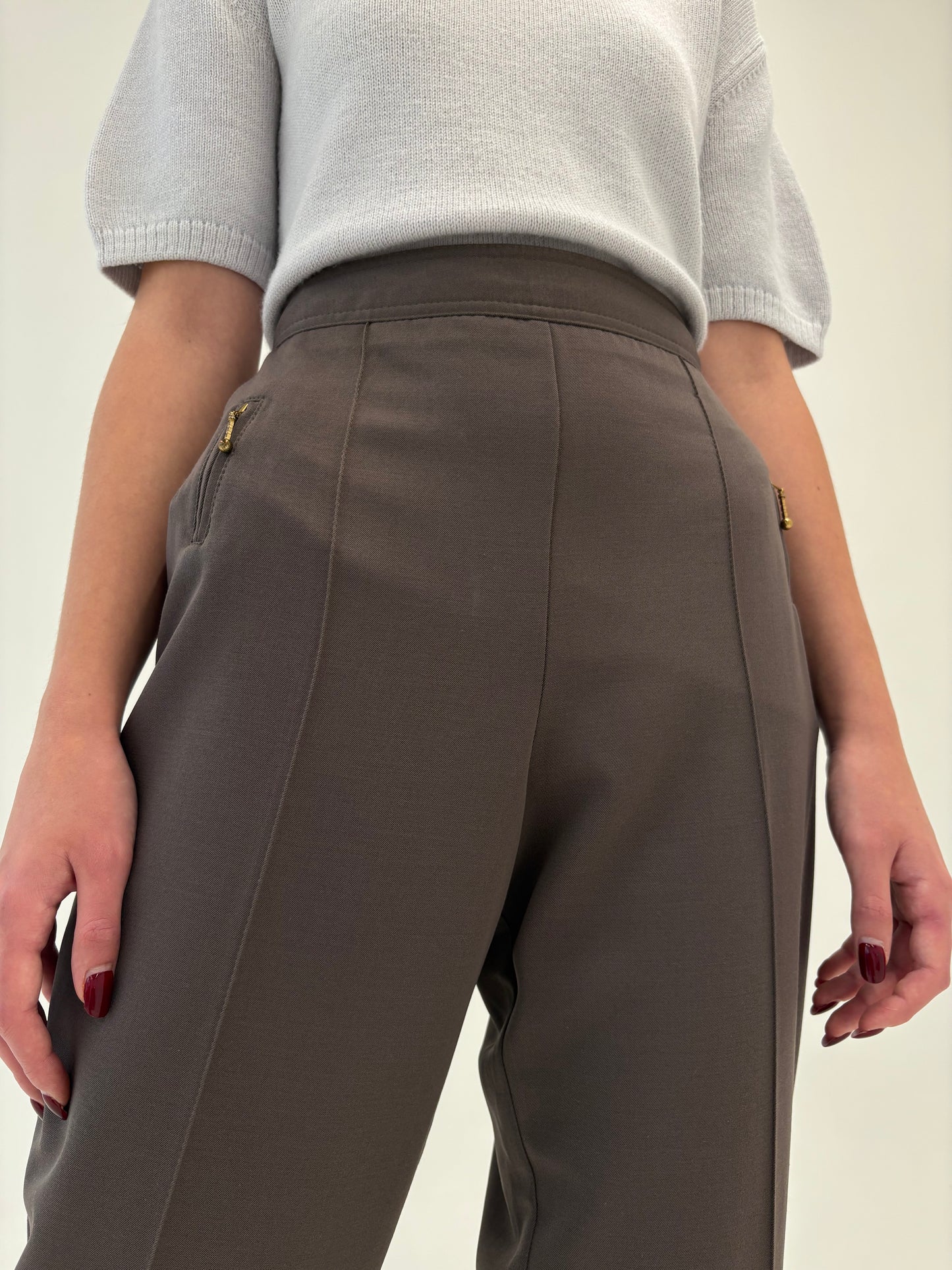 Pantaloni chestnut brown țigaretă petite cu talie ultra ultra înaltă