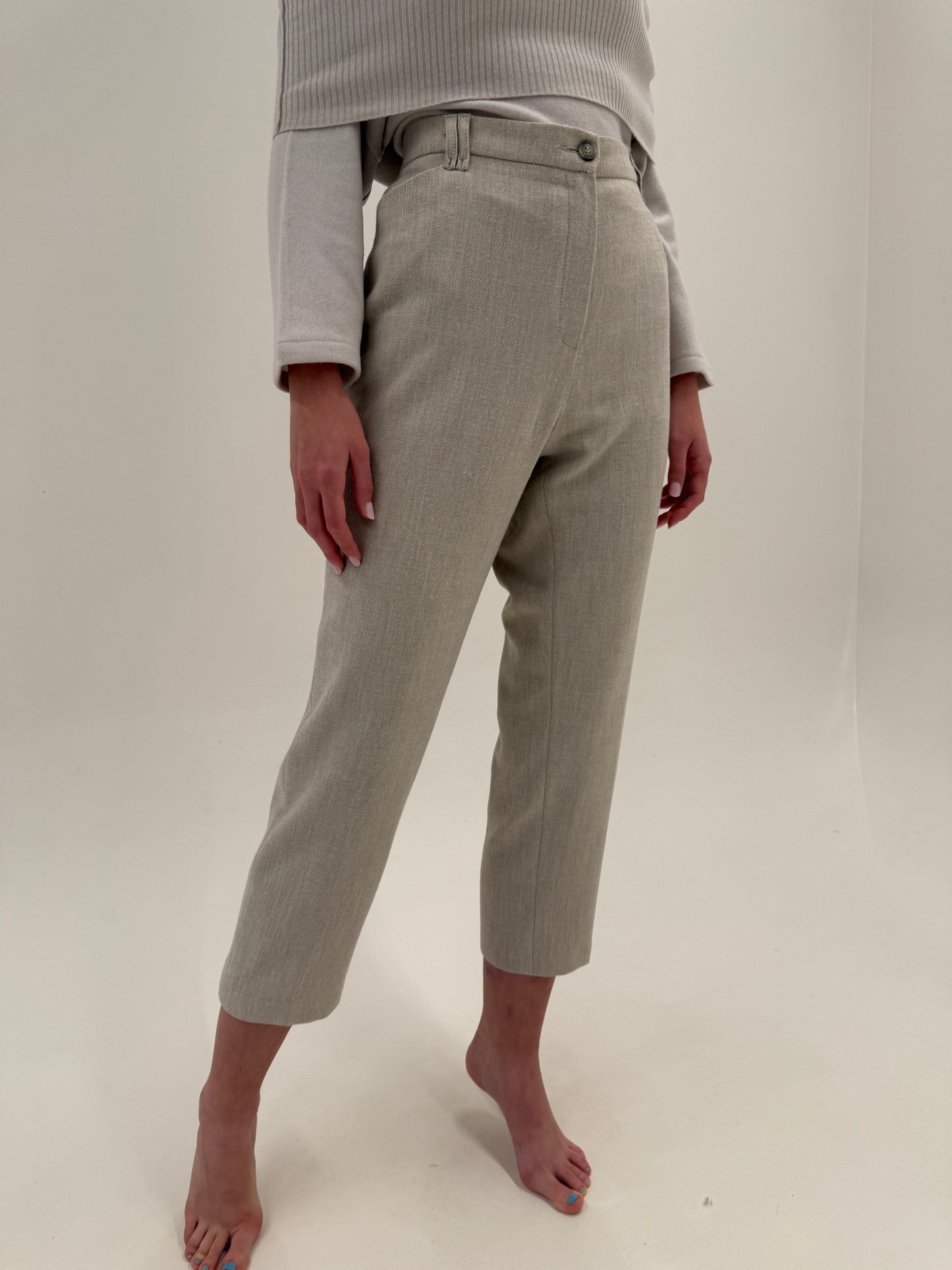 Pantaloni light nude din lana plină extrafina cu talie înaltă