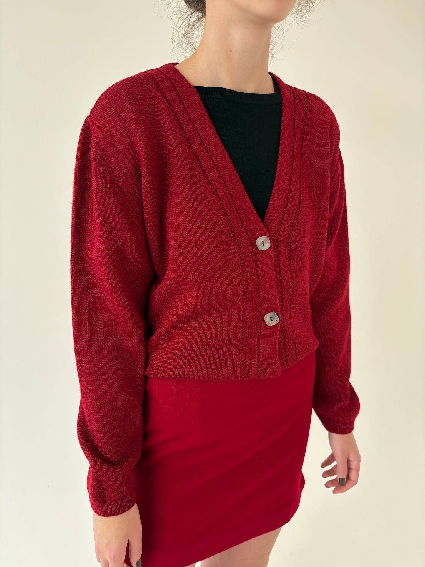 Cardigan gros tip jachetă burgundy din lana merino extrafina de gramaj mare
