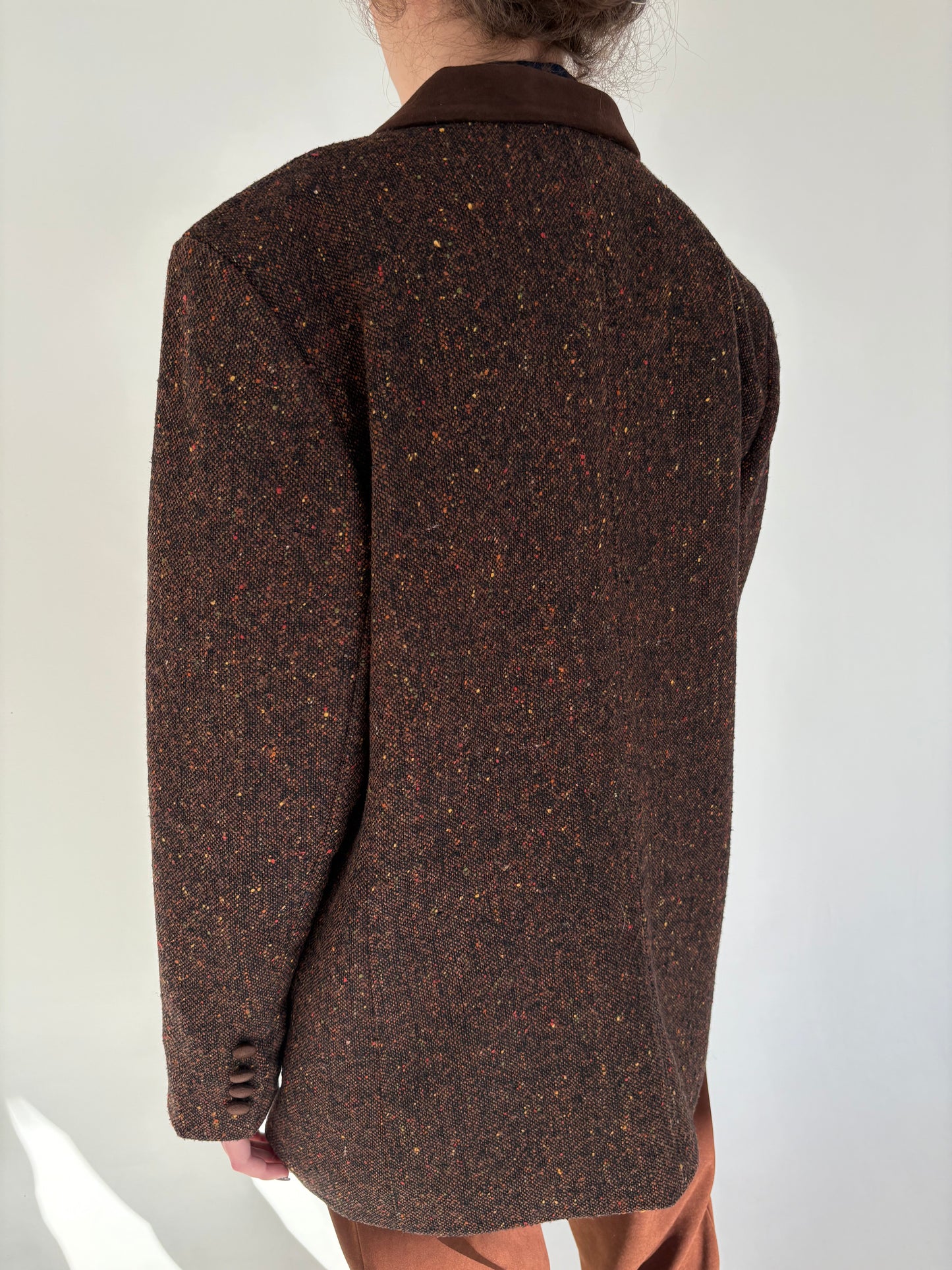 Sacou vintage chocolate brown din tweed de lana cu inserții colorate