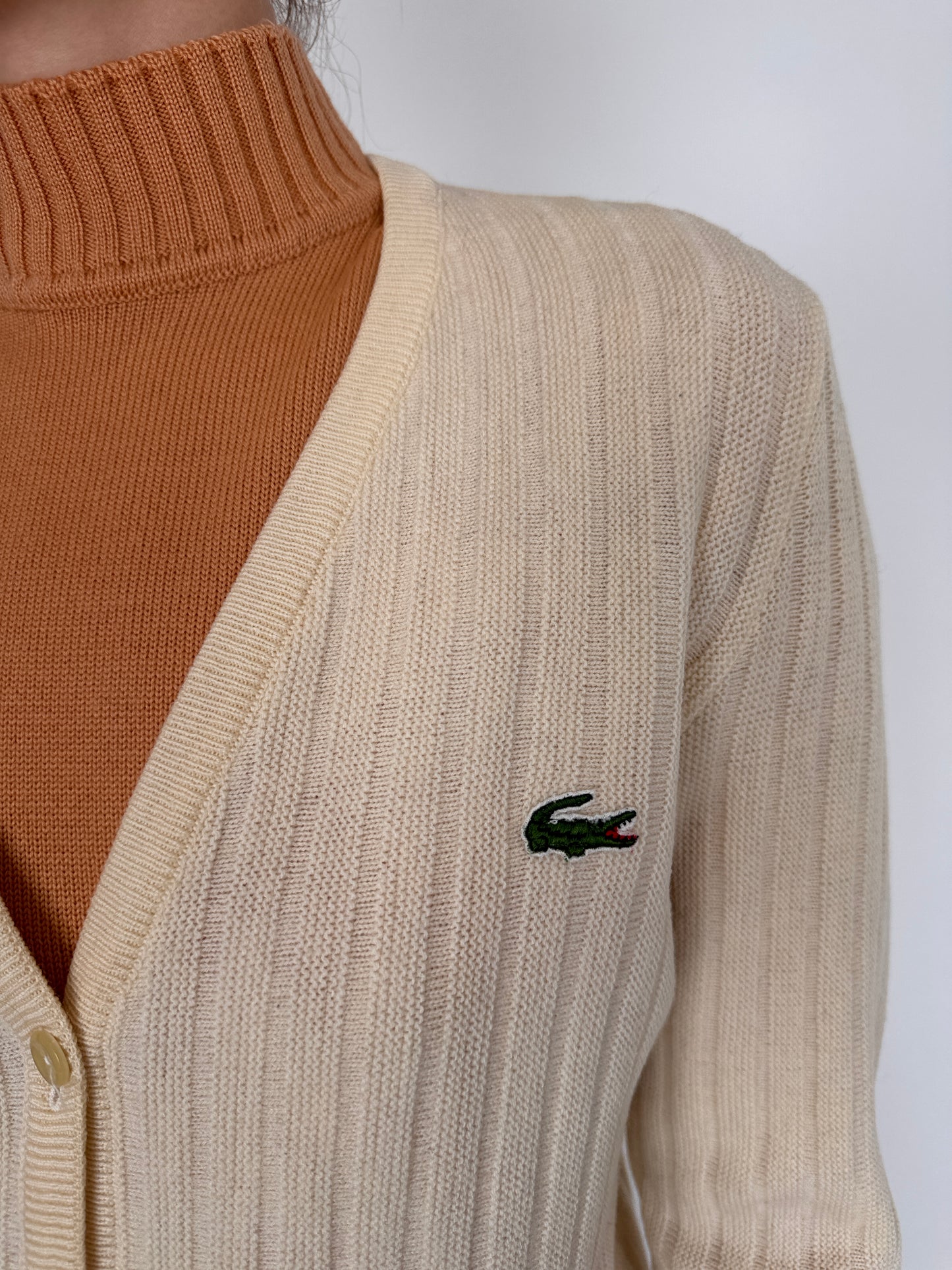 Cardigan vintage Lacoste din lana ribbed ivoire