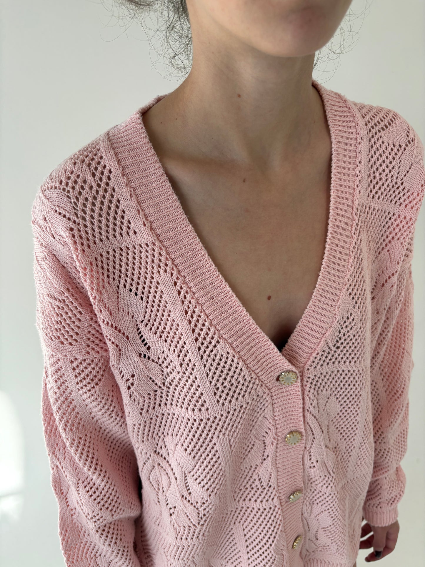 Cardigan vintage din macrame gros de bumbac powder pink