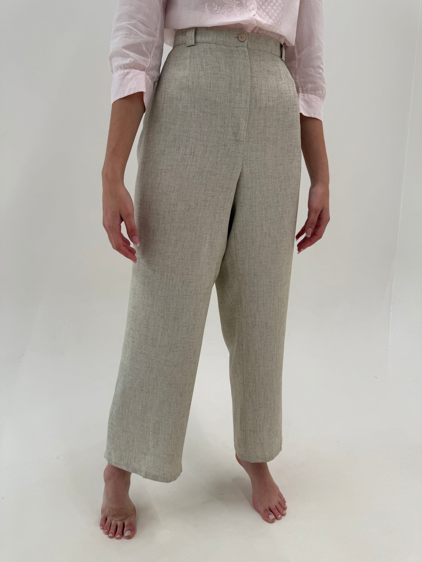 Pantaloni din pânză excepțională fluidă sand nude cu talie înaltă