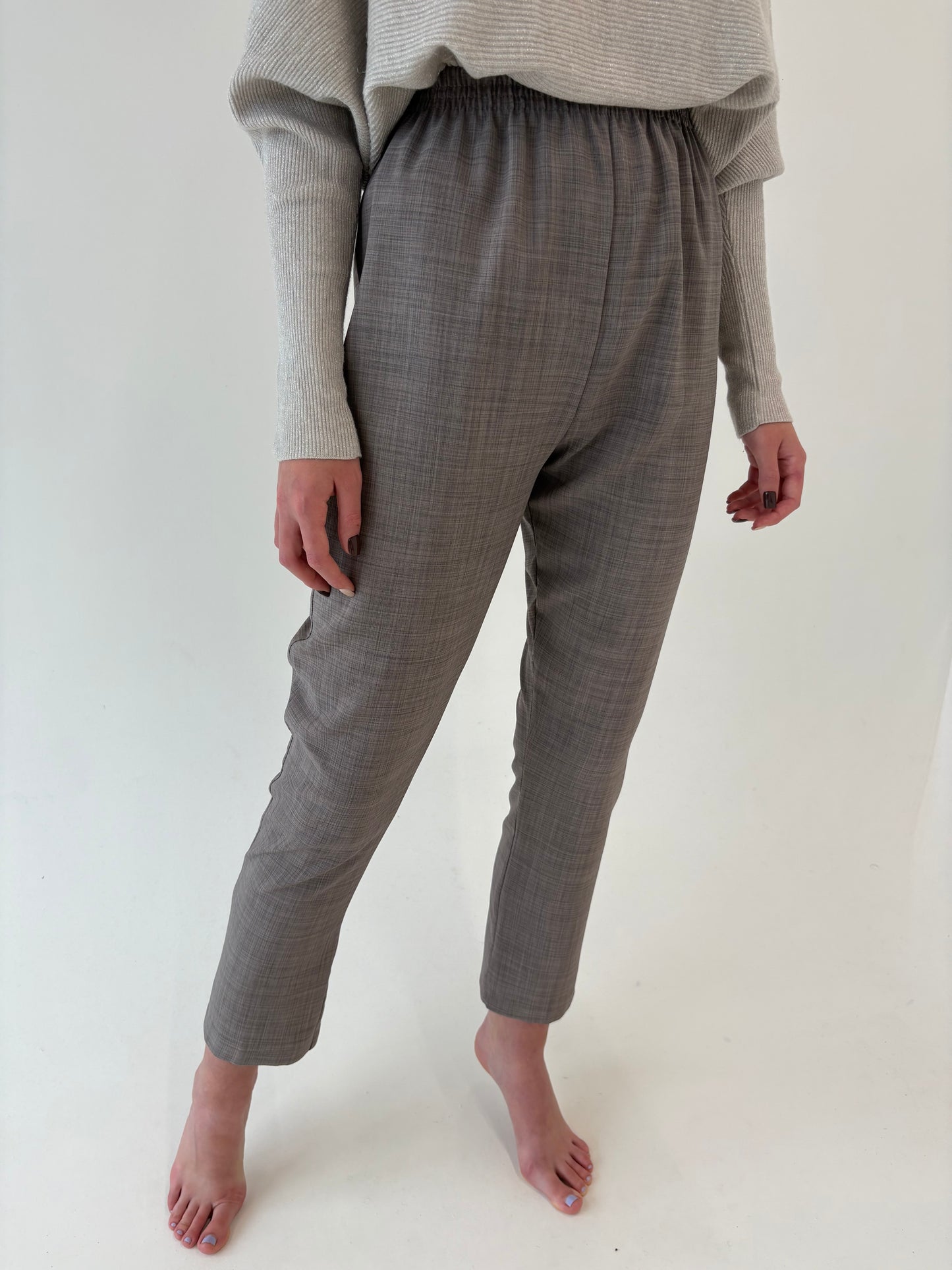 Pantaloni warm gray cu talie ultra înaltă elastică din stofita