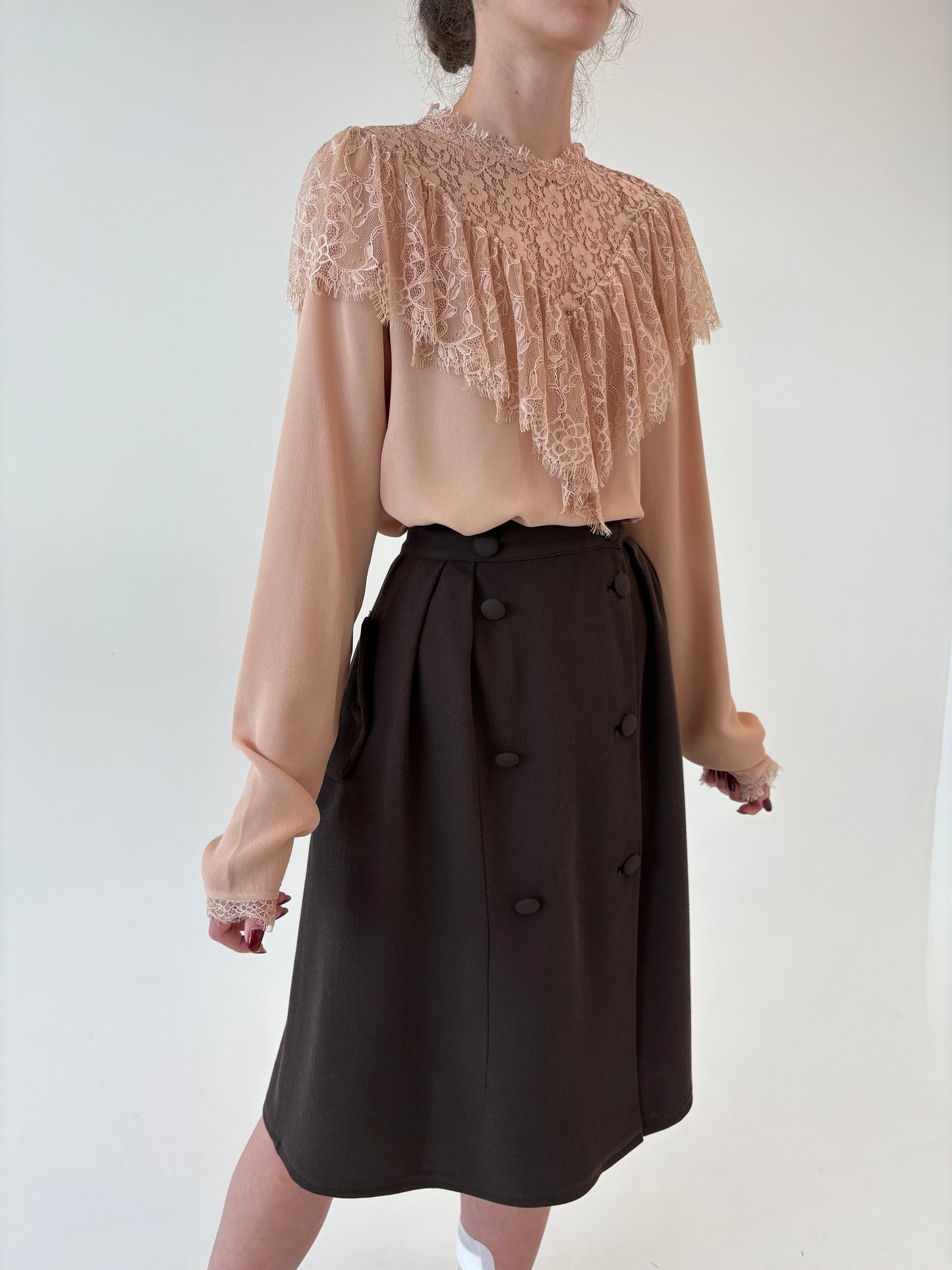 Fustă chocolate brown vintage italian cu buzunare din stofă extrafina de lana