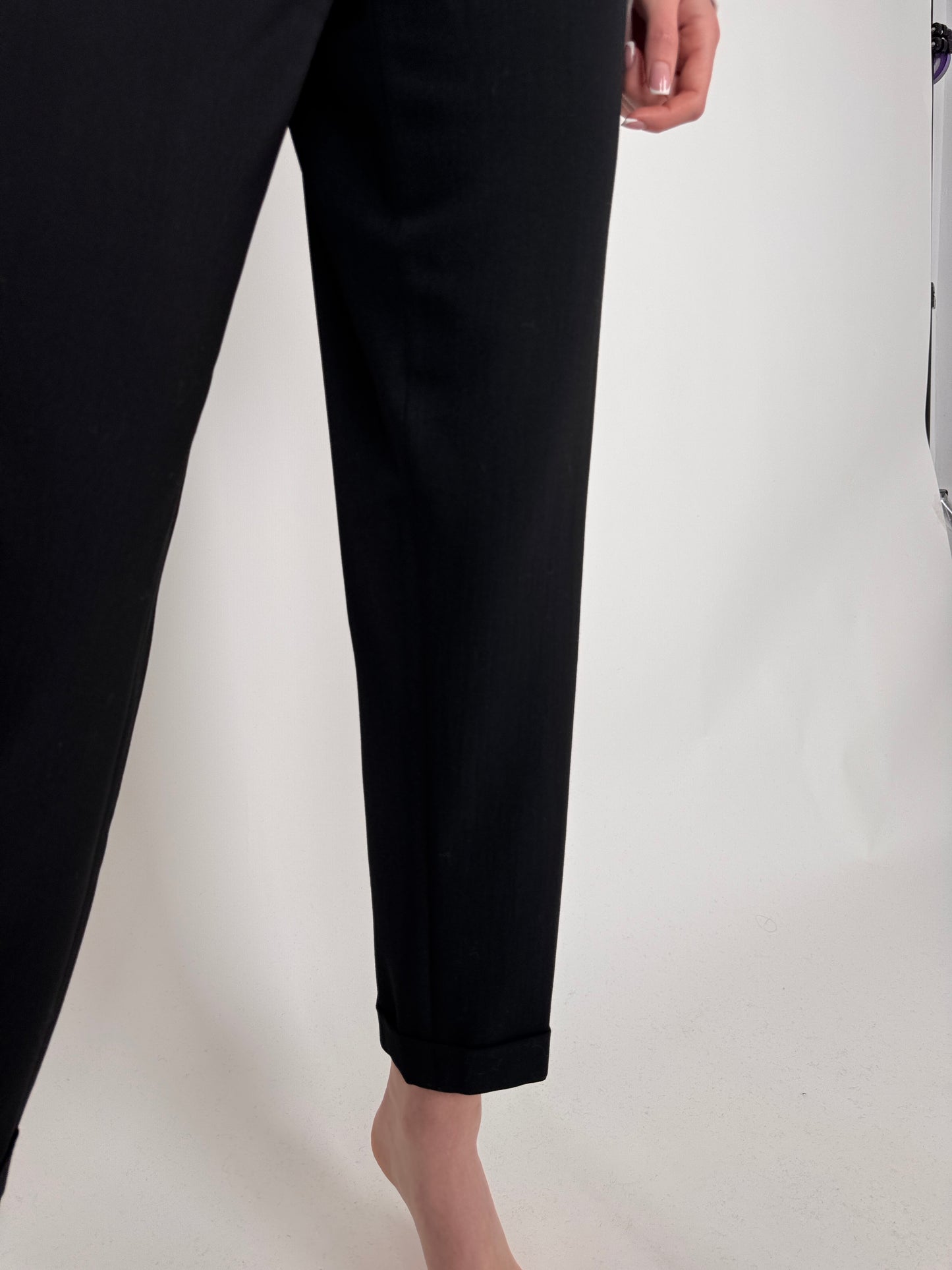 Pantaloni negri tall din stofita strech de primăvară cu talie ultra înaltă