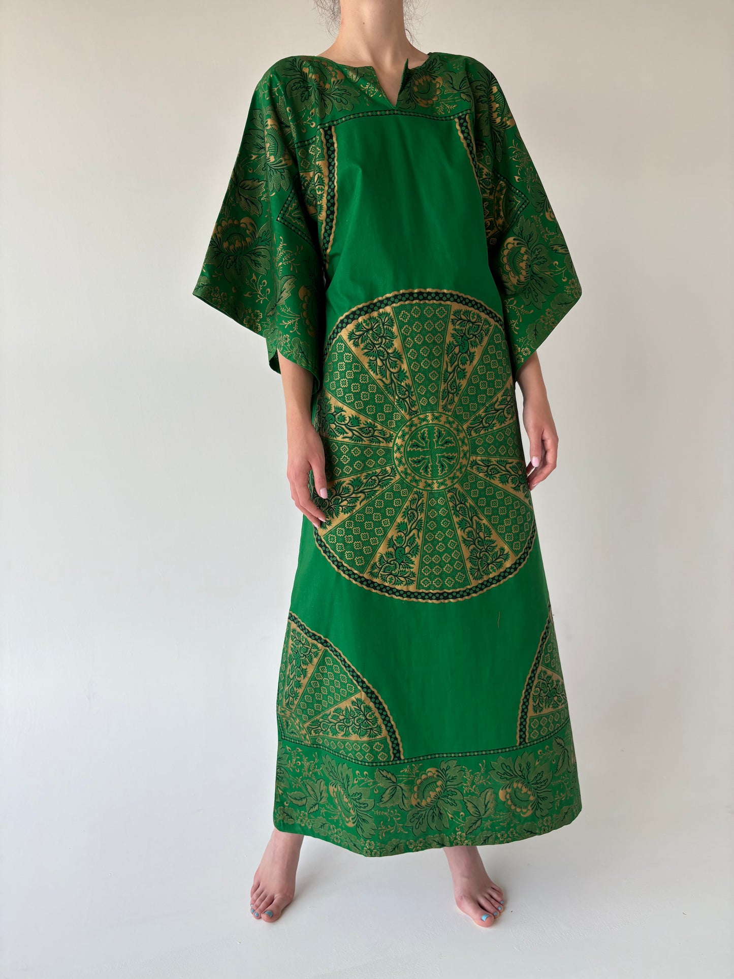 Kaftan maxi tall excepțional verde tare din pânză de bumbac