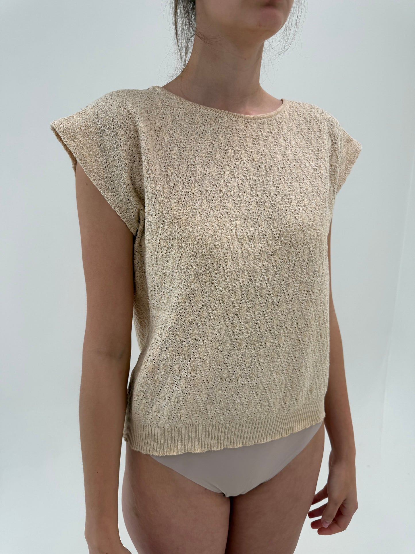 Top camel im croi lejer din jerse de bumbac texturat de vară
