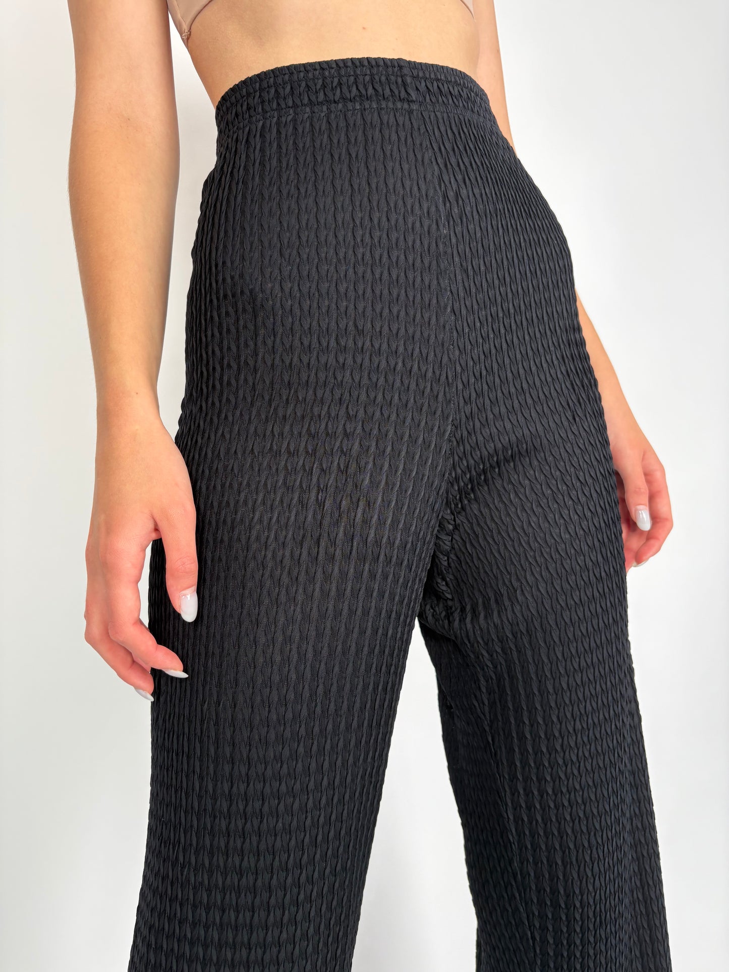 Pantaloni din jerse de vară texturat cu talie ultra înaltă