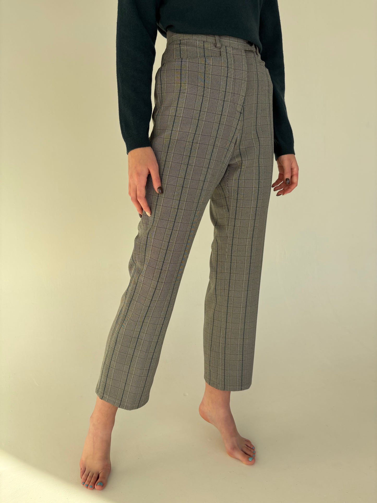 Pantaloni în carouri din lana extrafina strech confort cu talie înaltă mom fit