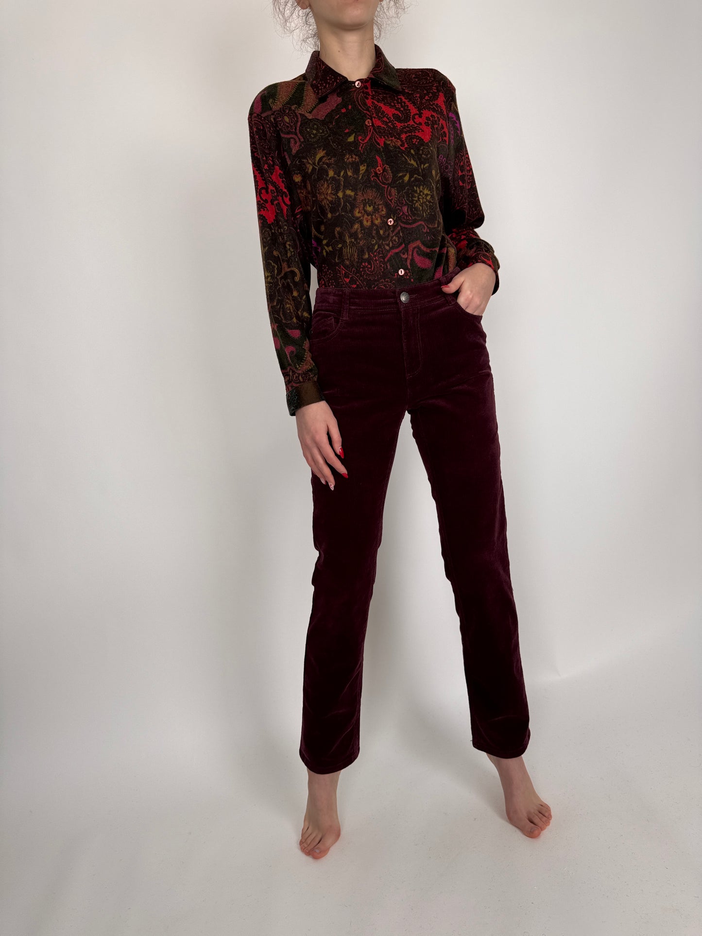 Pantaloni tall burgundy din catifea de bumbac cu elastan