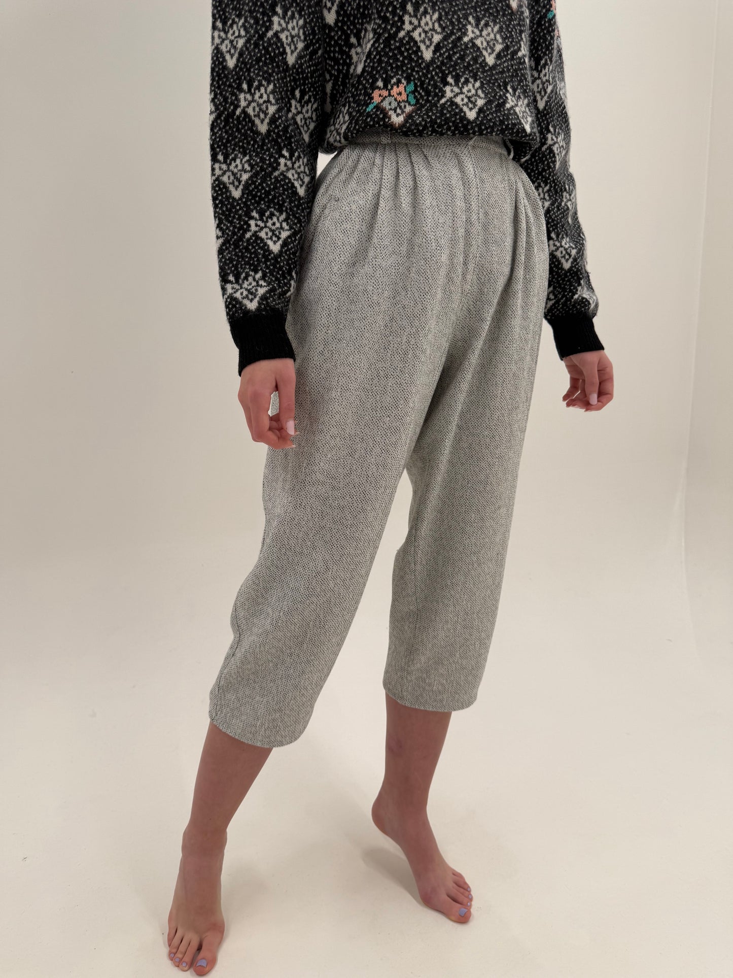 Pantaloni vintage petite din stofă melanj alb cu negru și talie ultra înaltă