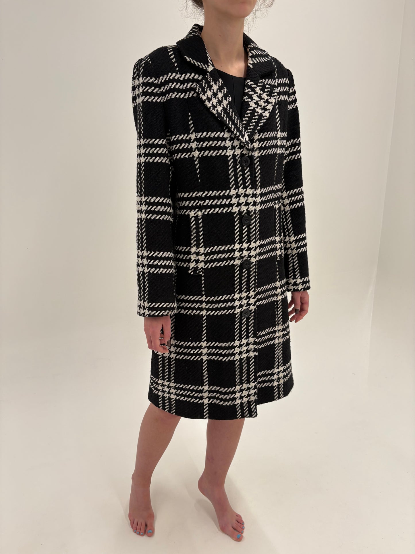 Palton din stofă plină pied de coq alb negru și carouri