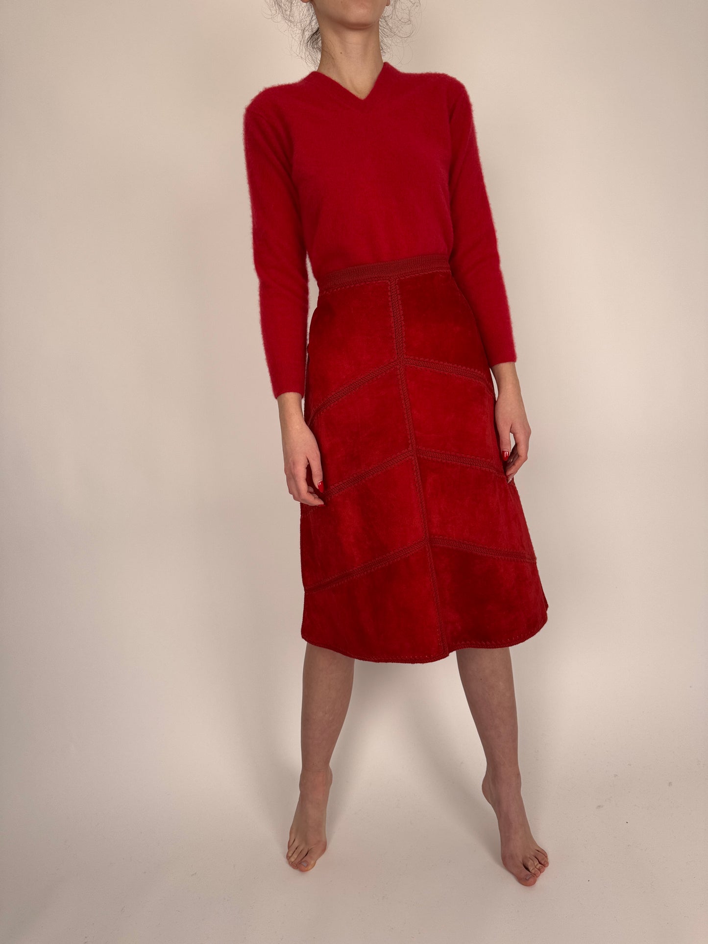Fustă din piele naturală cherry red cu talie elastică