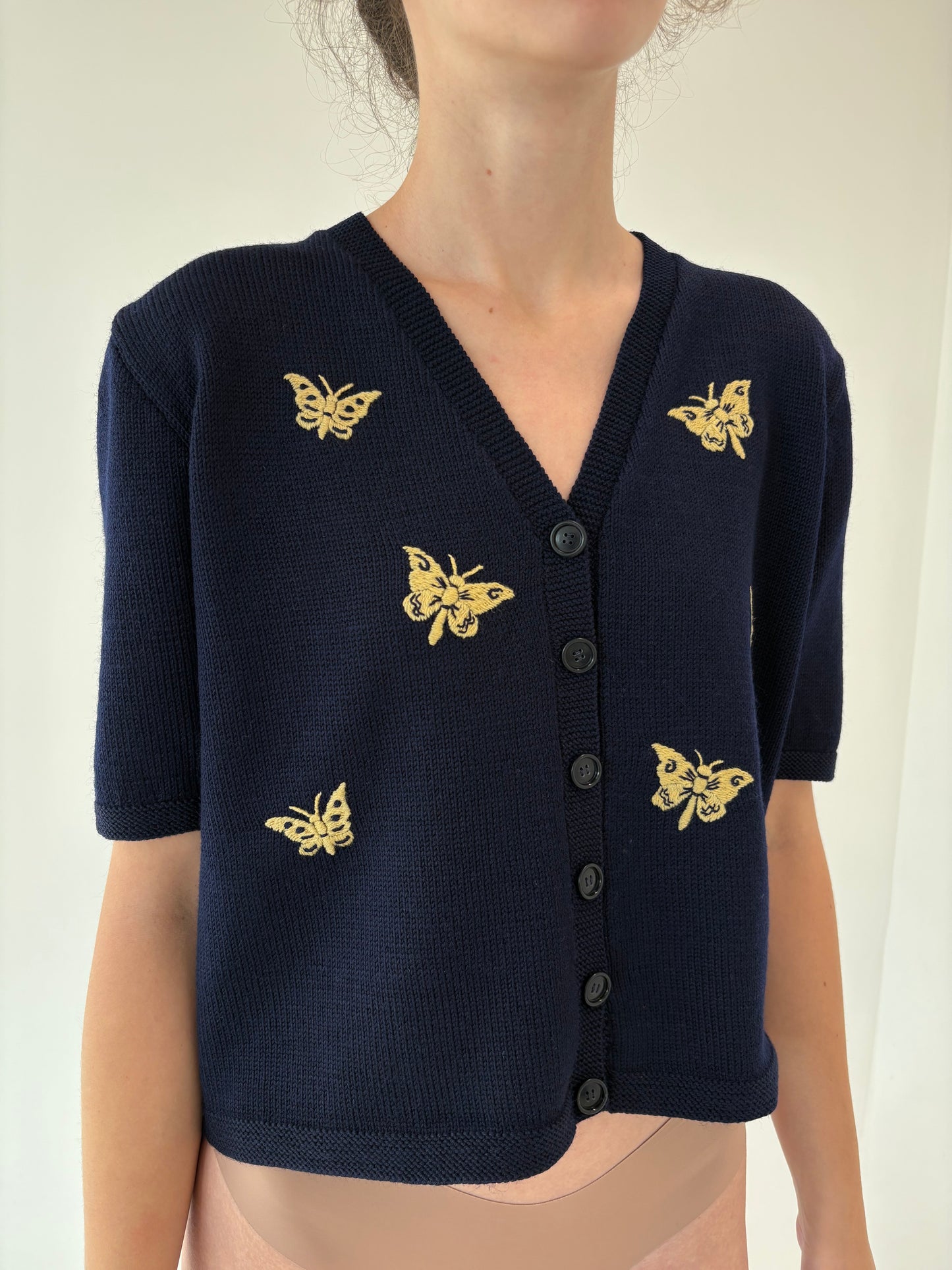 Top vintage excepțional Navy blue din lana merino extrafina de gramaj mare
