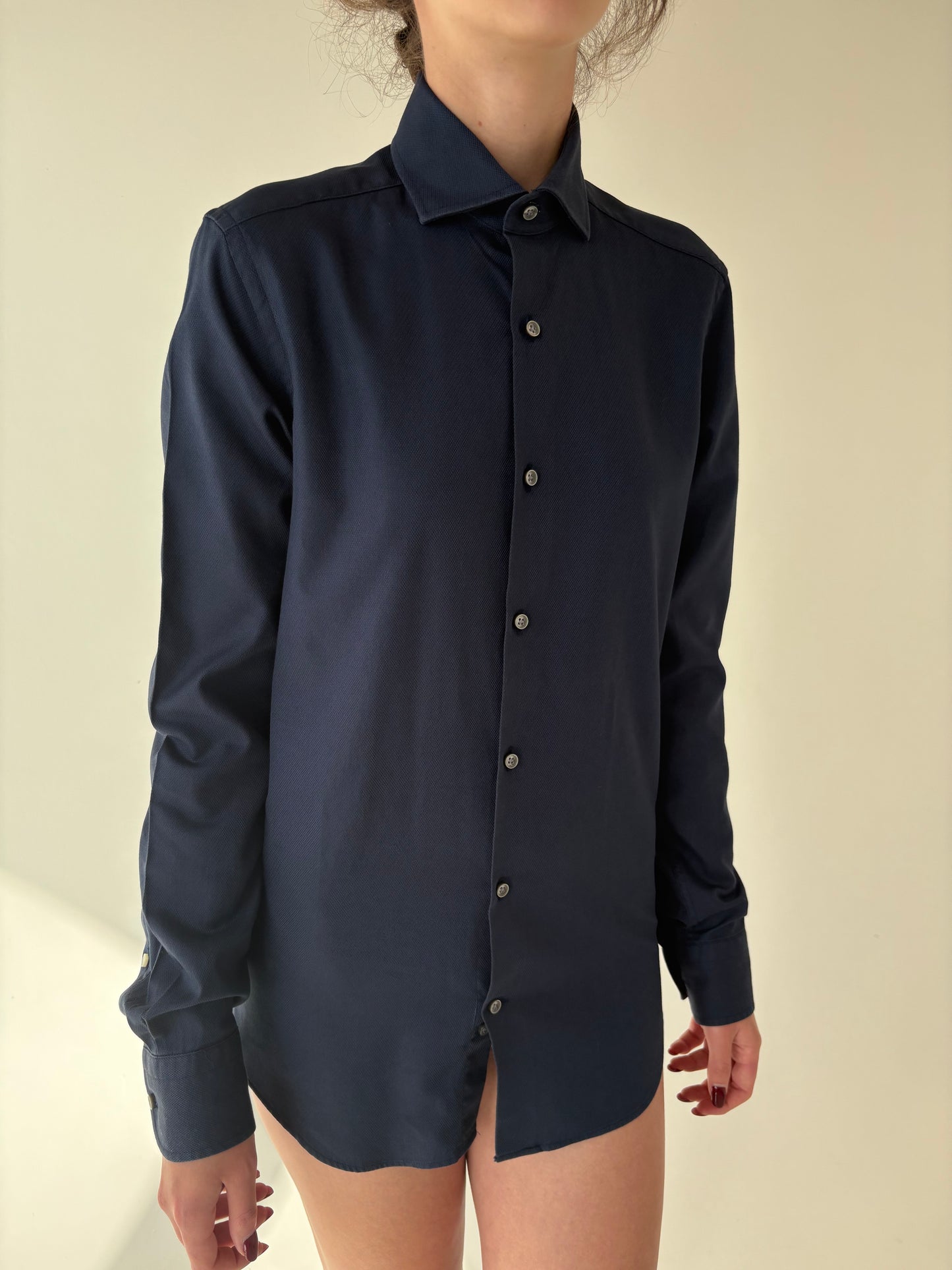 Cămașa premium tall Navy blue din poplin gros de bumbac