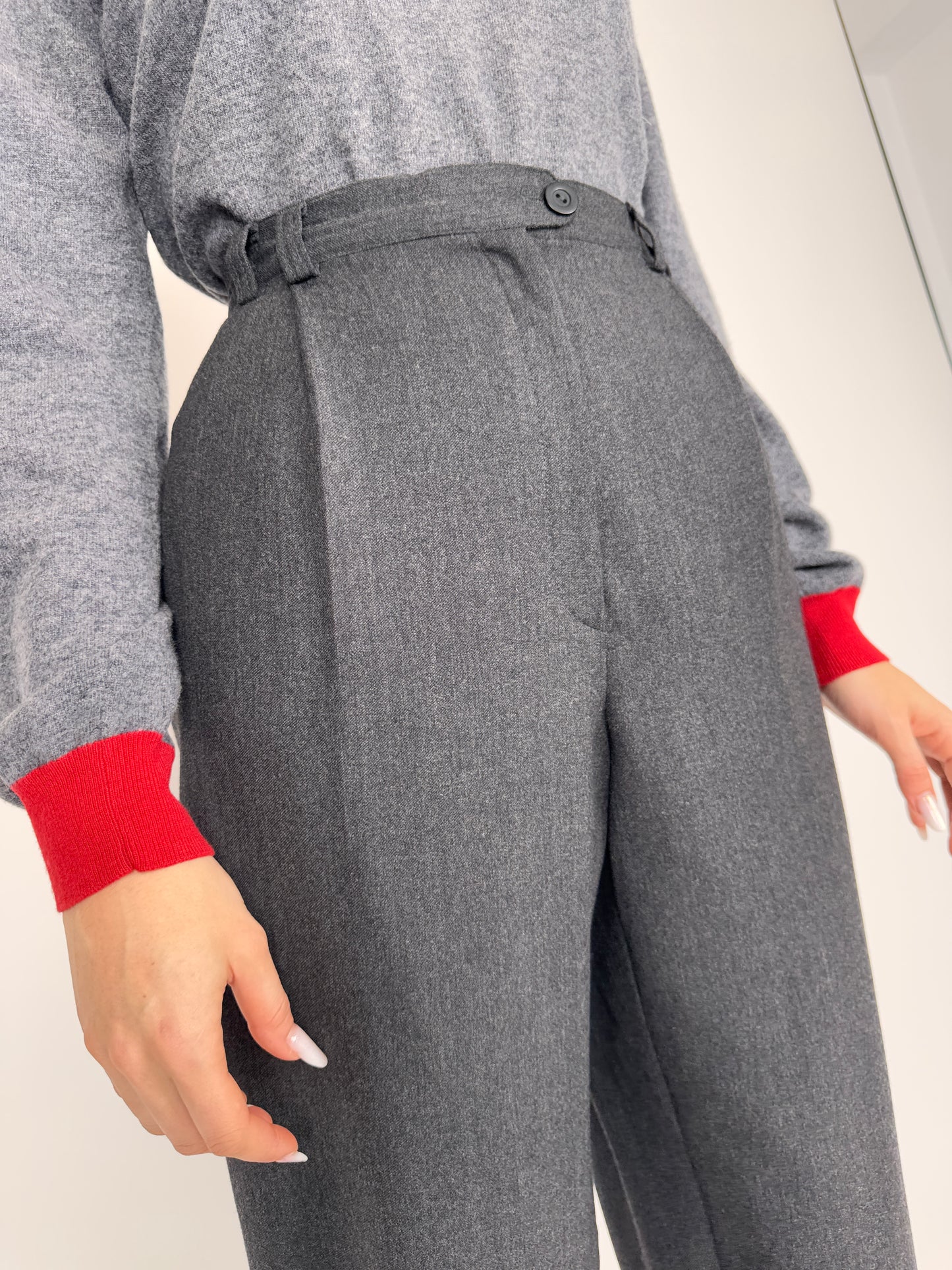 Pantaloni petite cu talie înaltă elastică charcoal gray din lana extrafina
